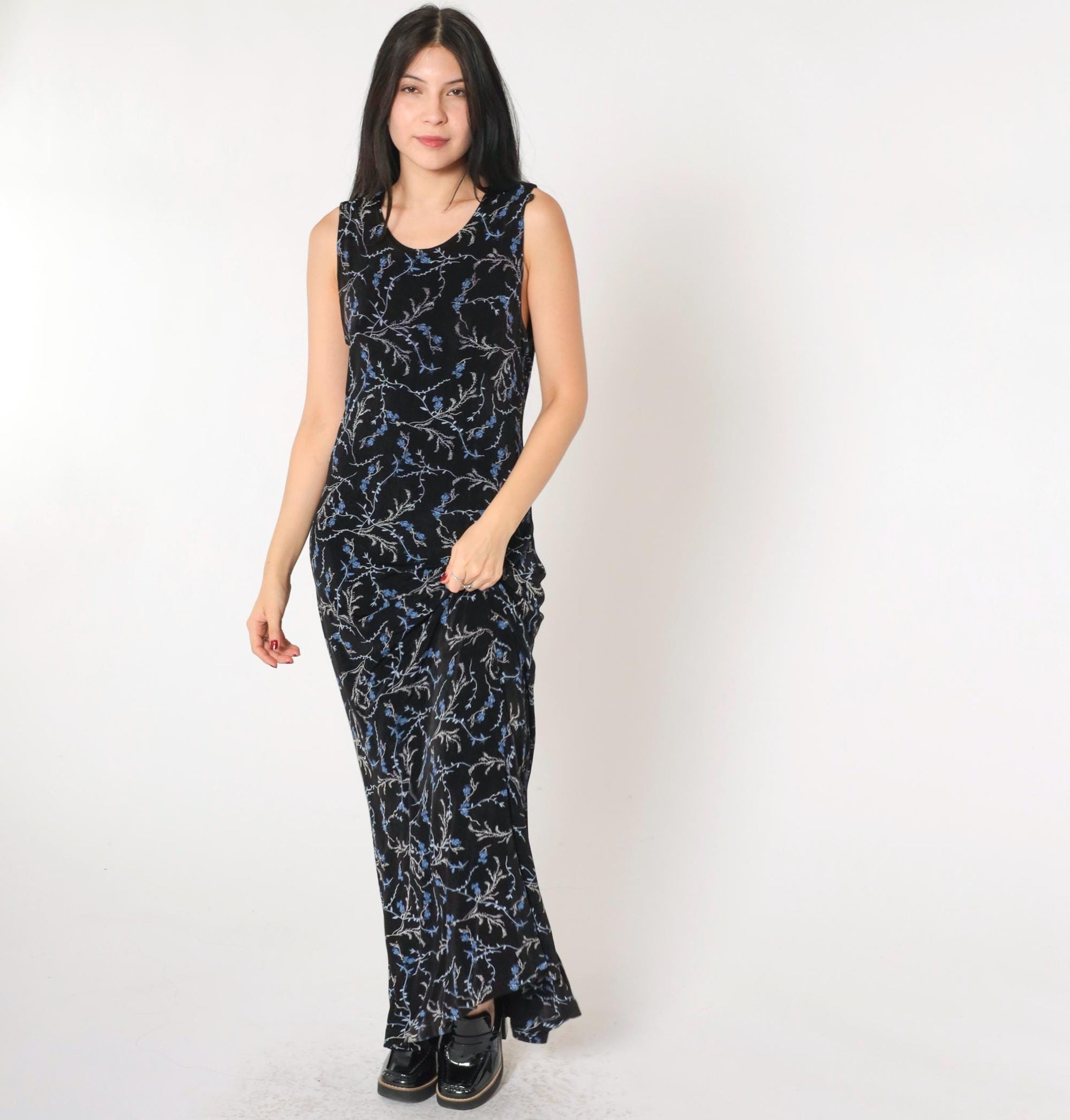 90s Black Floral Maxi Dress Blue Print Scoop Neck Sleeveless Medium 8