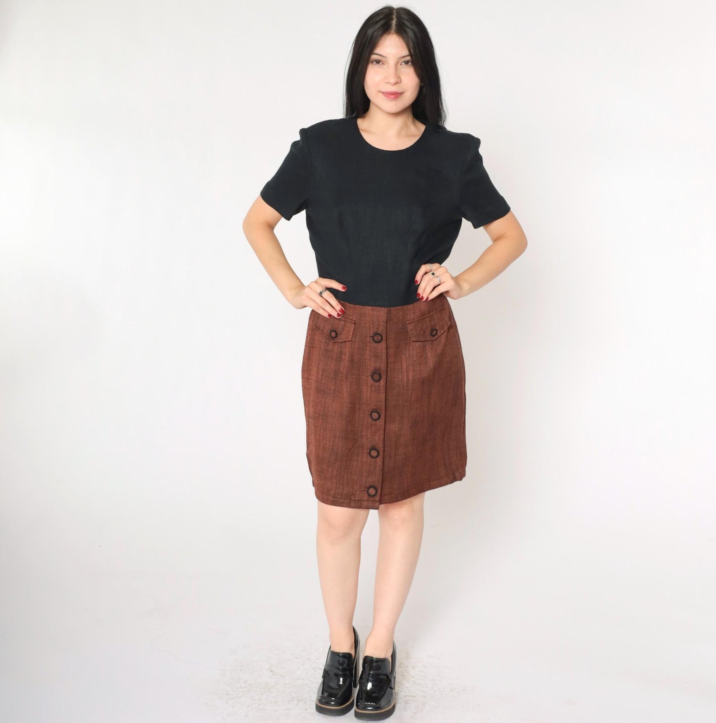 90s Maggy London Black Mini Dress Burnt Orange Button Skirt Medium