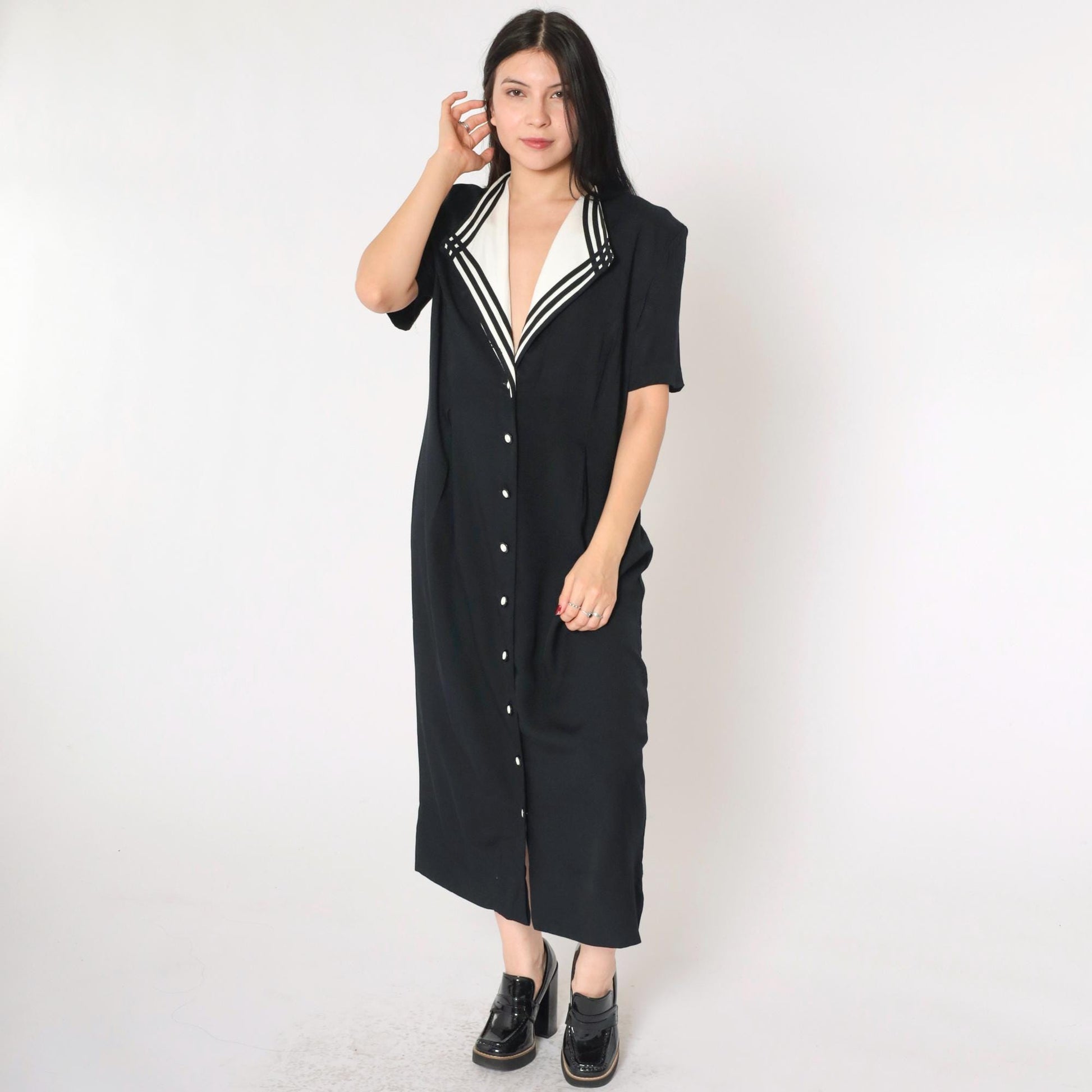 90s Black Maxi Dress White Collar Button-Up Short Sleeve Shift Large