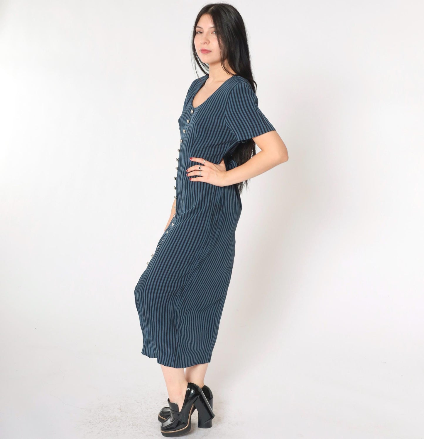 90s DJ Intl Striped Sheath Midi Dress Black Blue Button-Up Medium