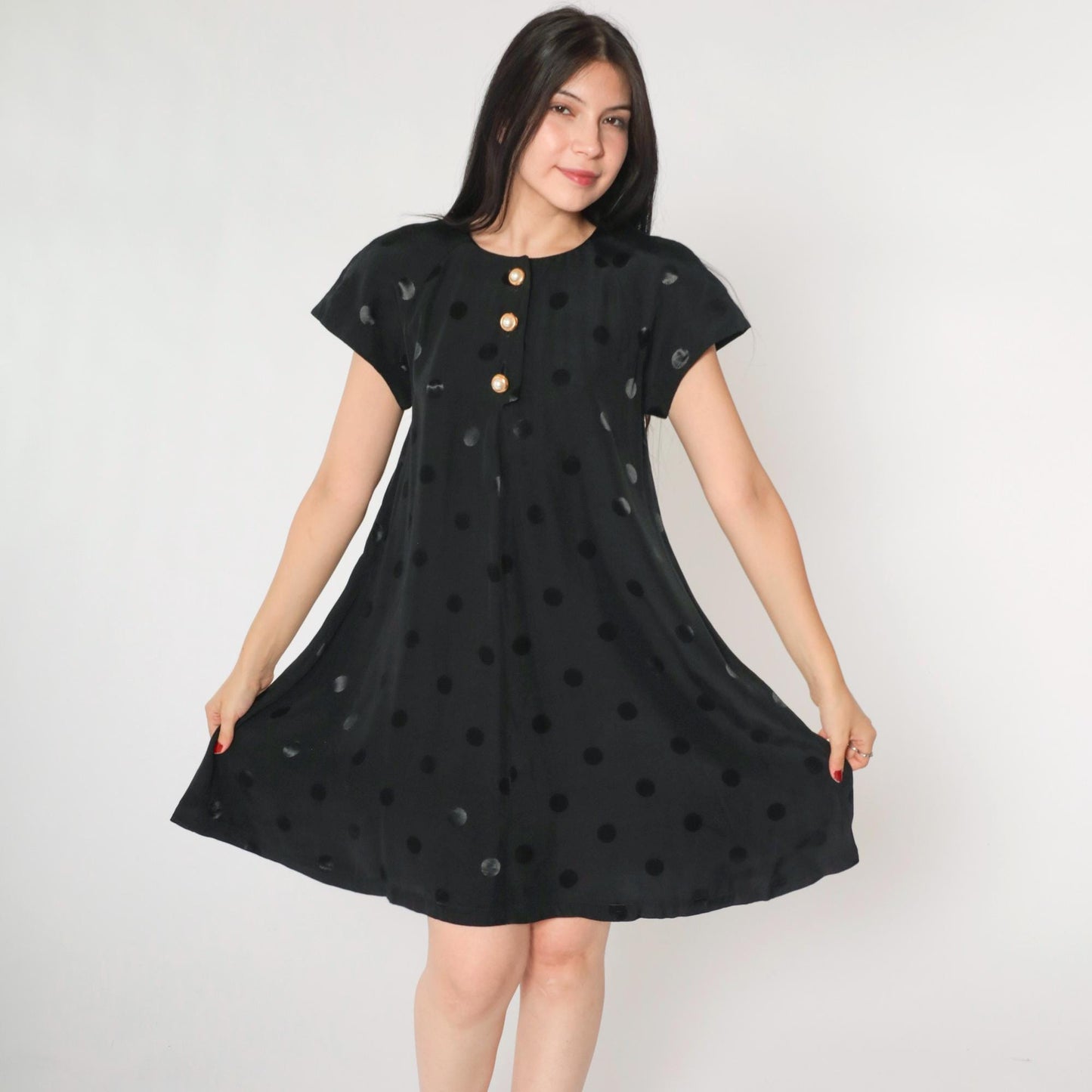 90s Black Mini Dress Embossed Polka Dot Pearl Buttons A-Line Small