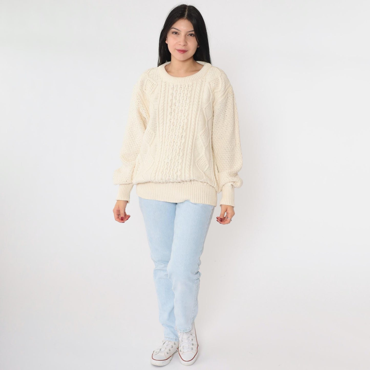 90s American Eagle Outfitters Cable Knit Sweater Cream Diamond Crewneck Extra Large