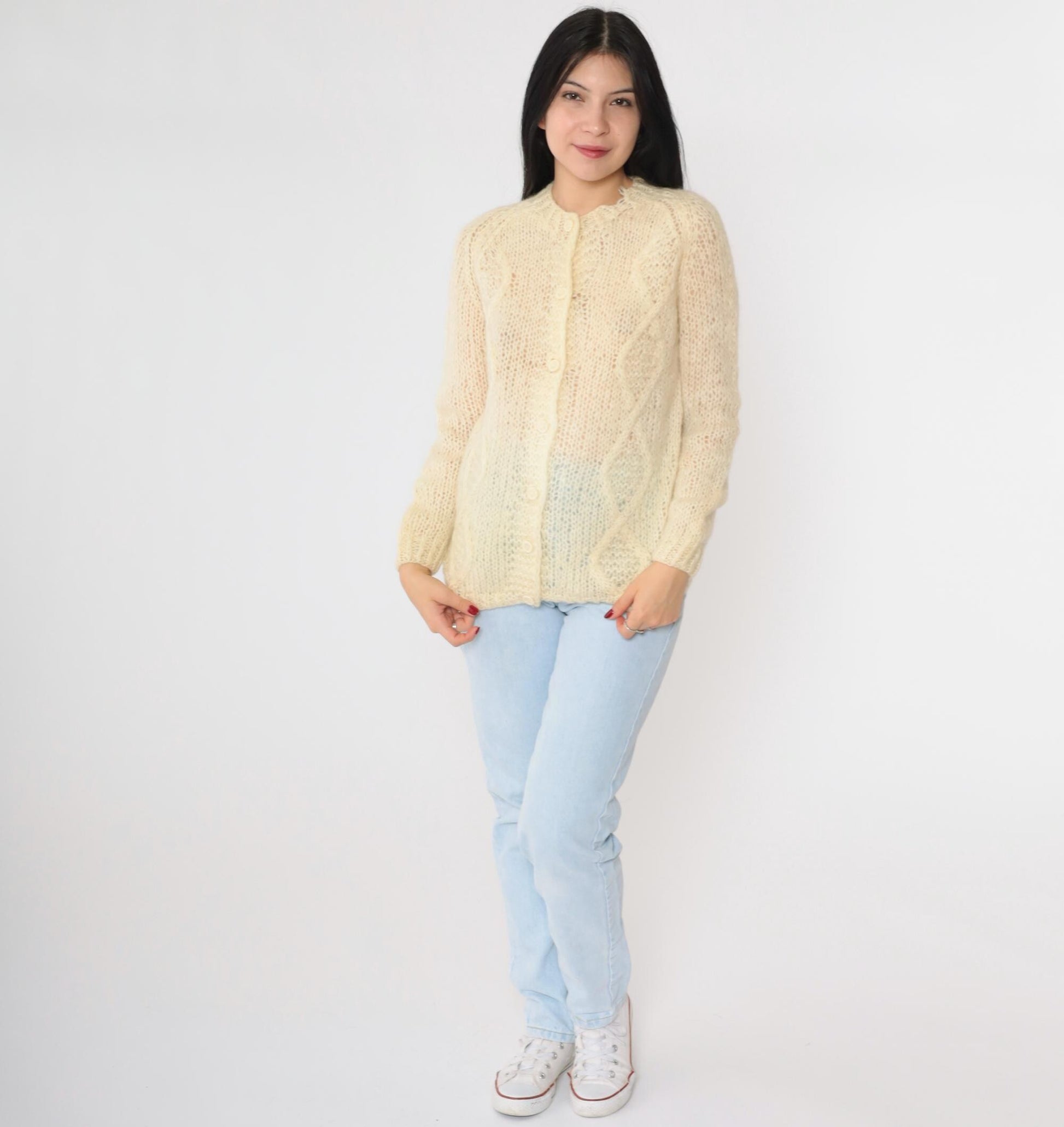 70s Cream Cable Knit Cardigan Wool Button-Up Sweater Small