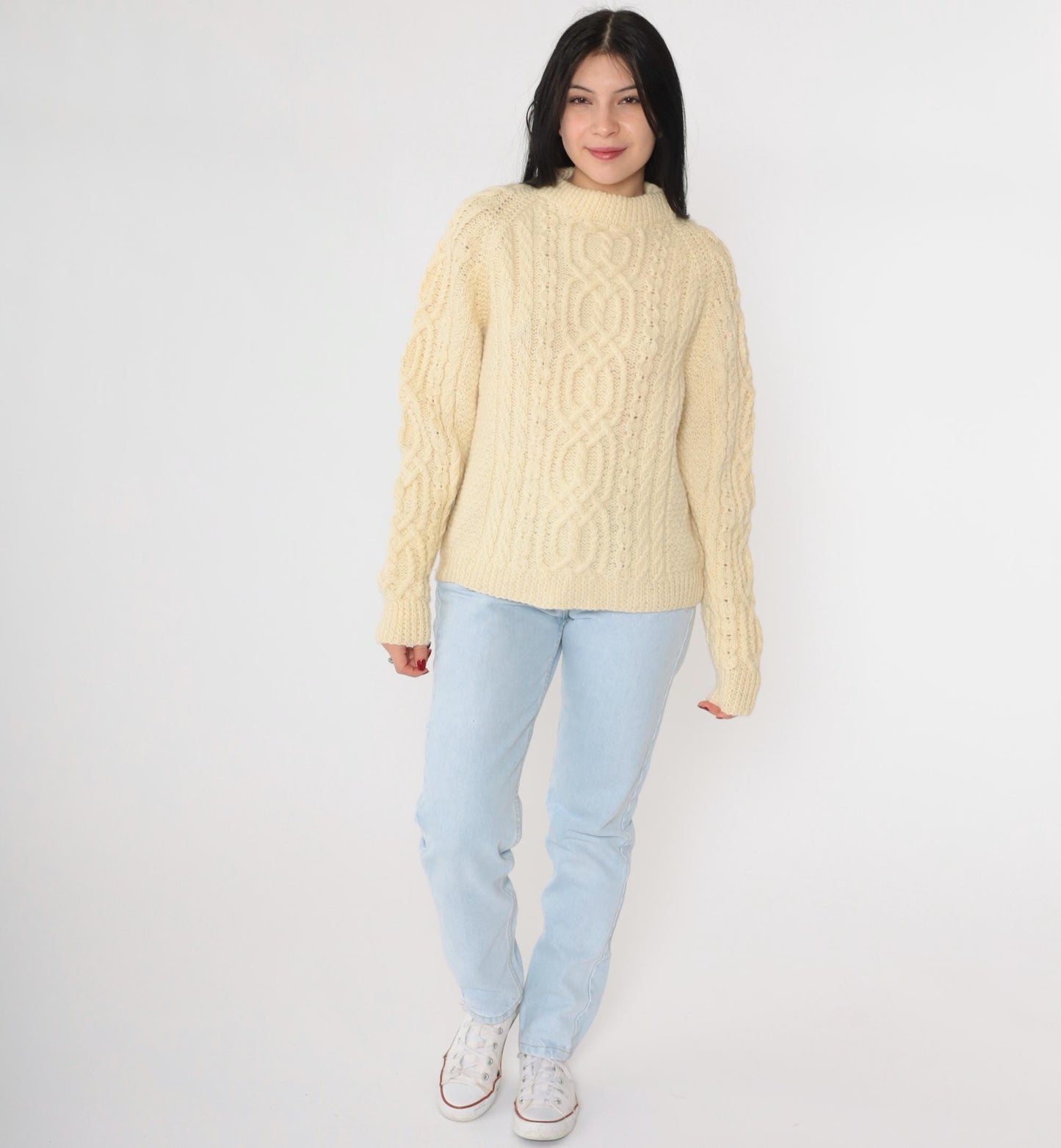 80s Cream Cable Knit Raglan Sweater Mock Neck Pullover Medium