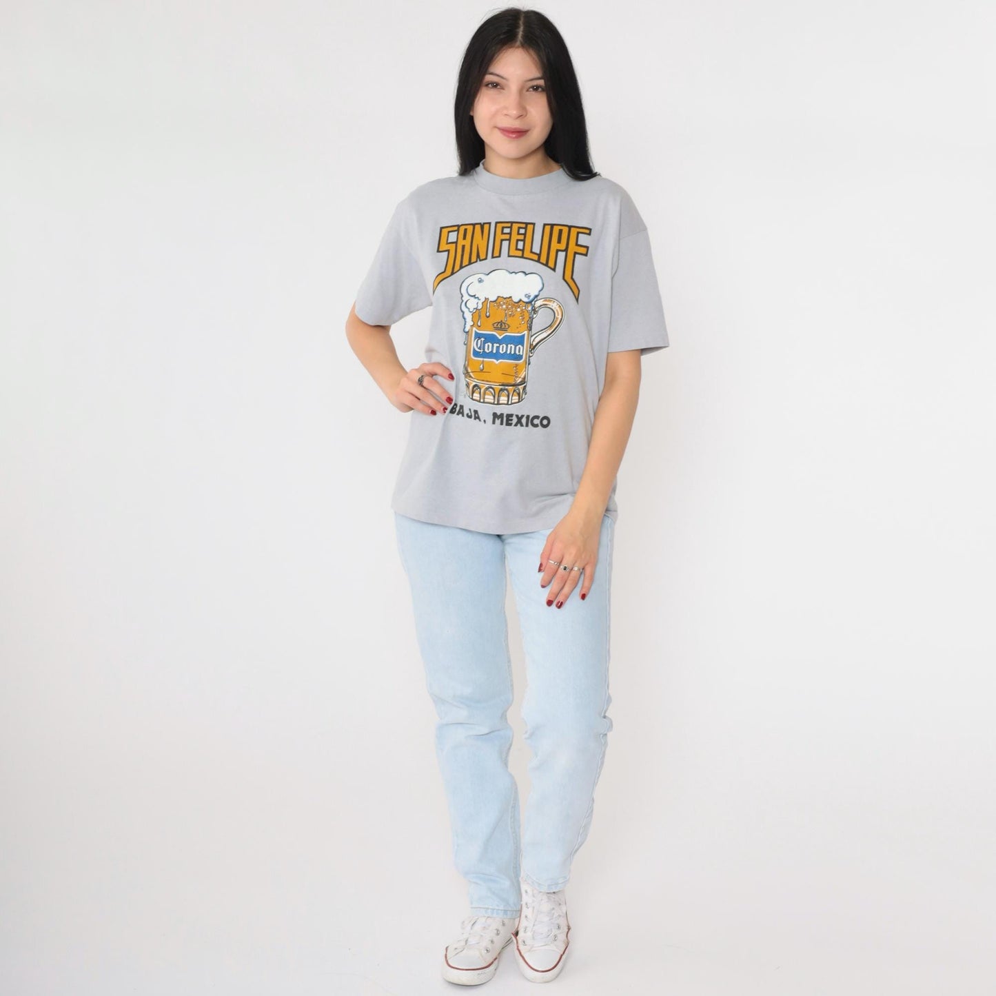 90s San Felipe Mexico Beer Graphic T-Shirt Grey Single Stitch Medium