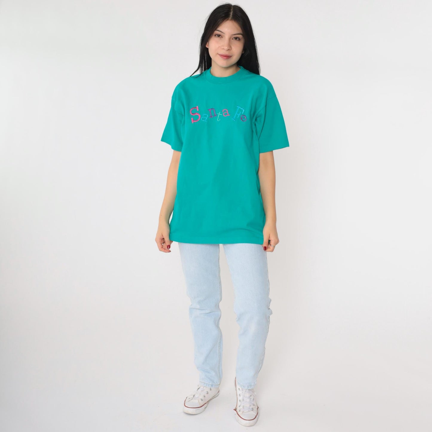 00s Santa Fe Embroidered Graphic T-Shirt Teal Crewneck Cotton Large