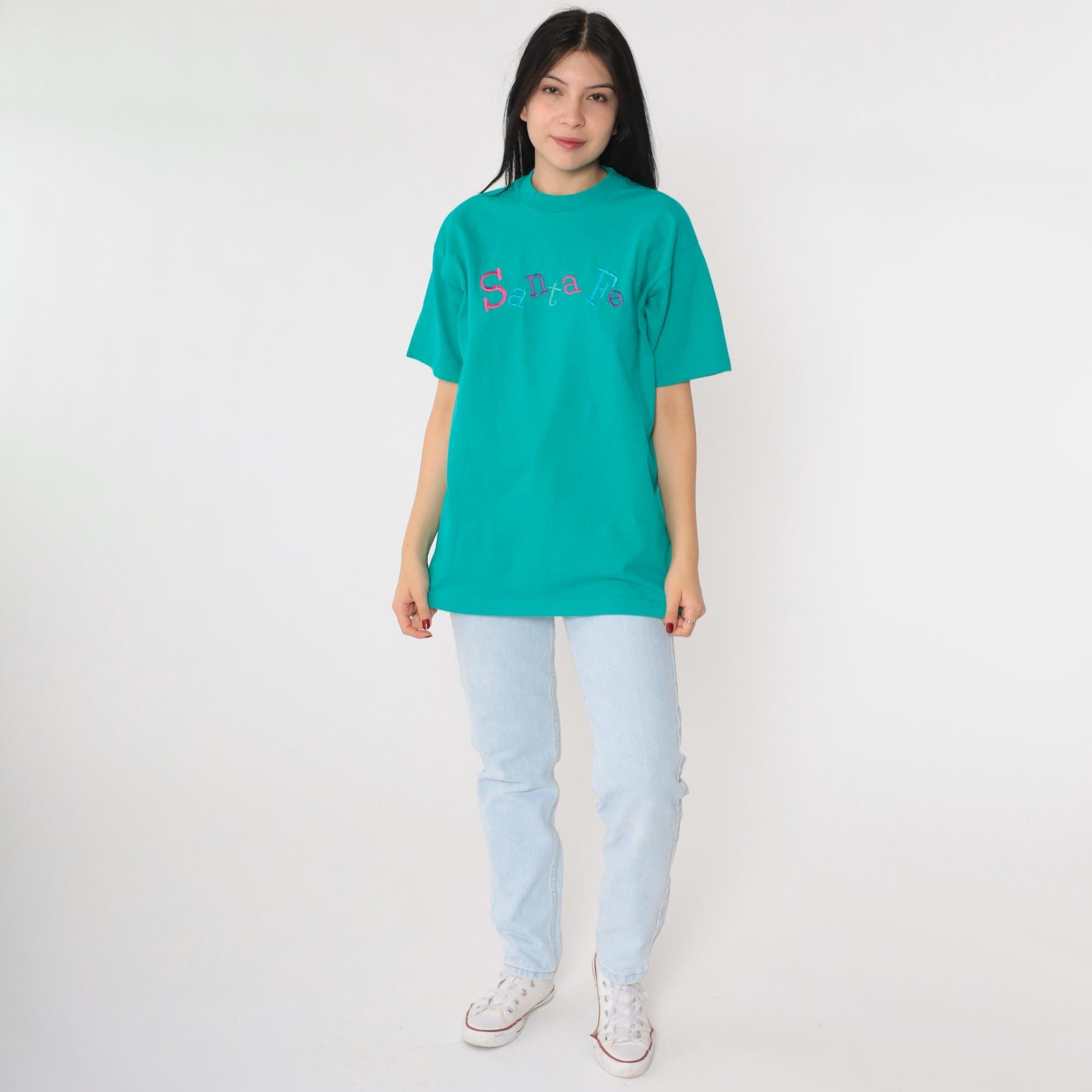00s Santa Fe Embroidered Graphic T-Shirt Teal Crewneck Cotton Large