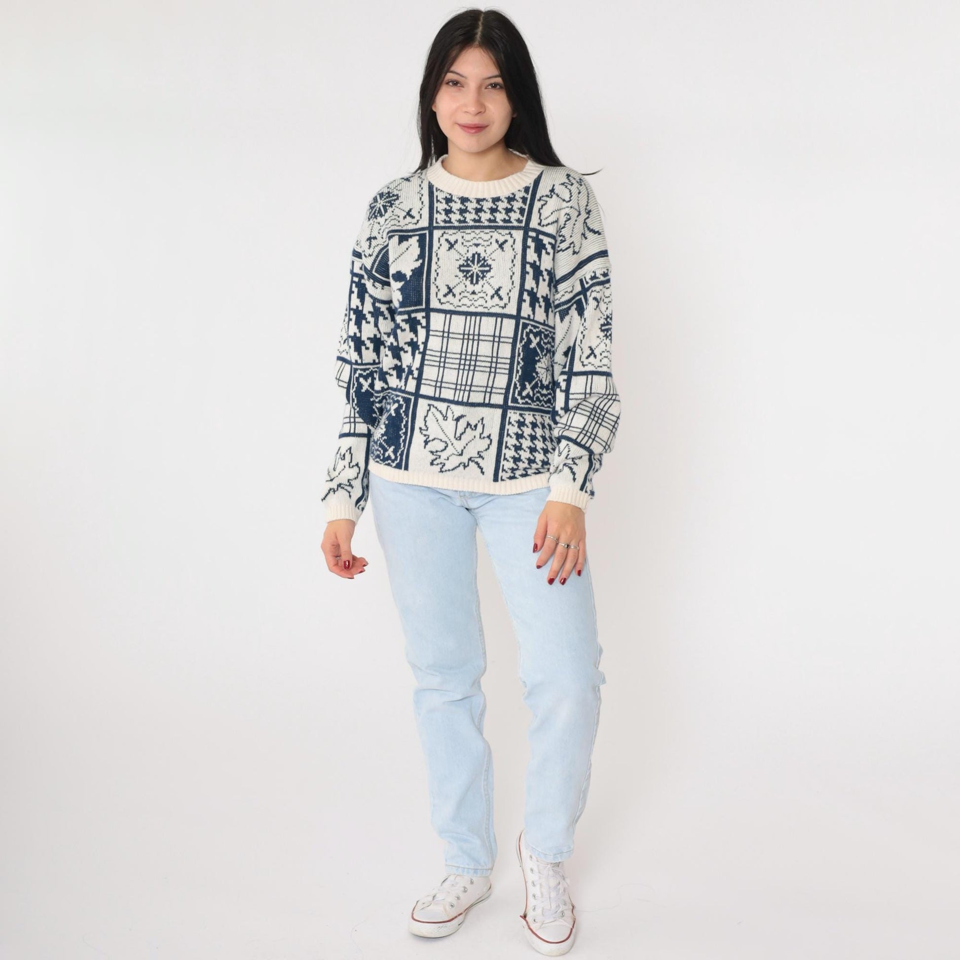 90s Cabin Creek Patchwork Knit Sweater Houndstooth Checkered Crewneck Medium