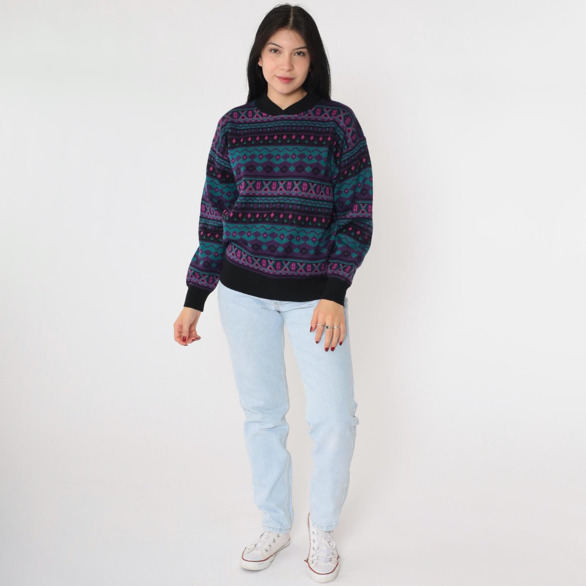 80s Southwestern Geometric Wool Blend Pullover Purple Teal Medium