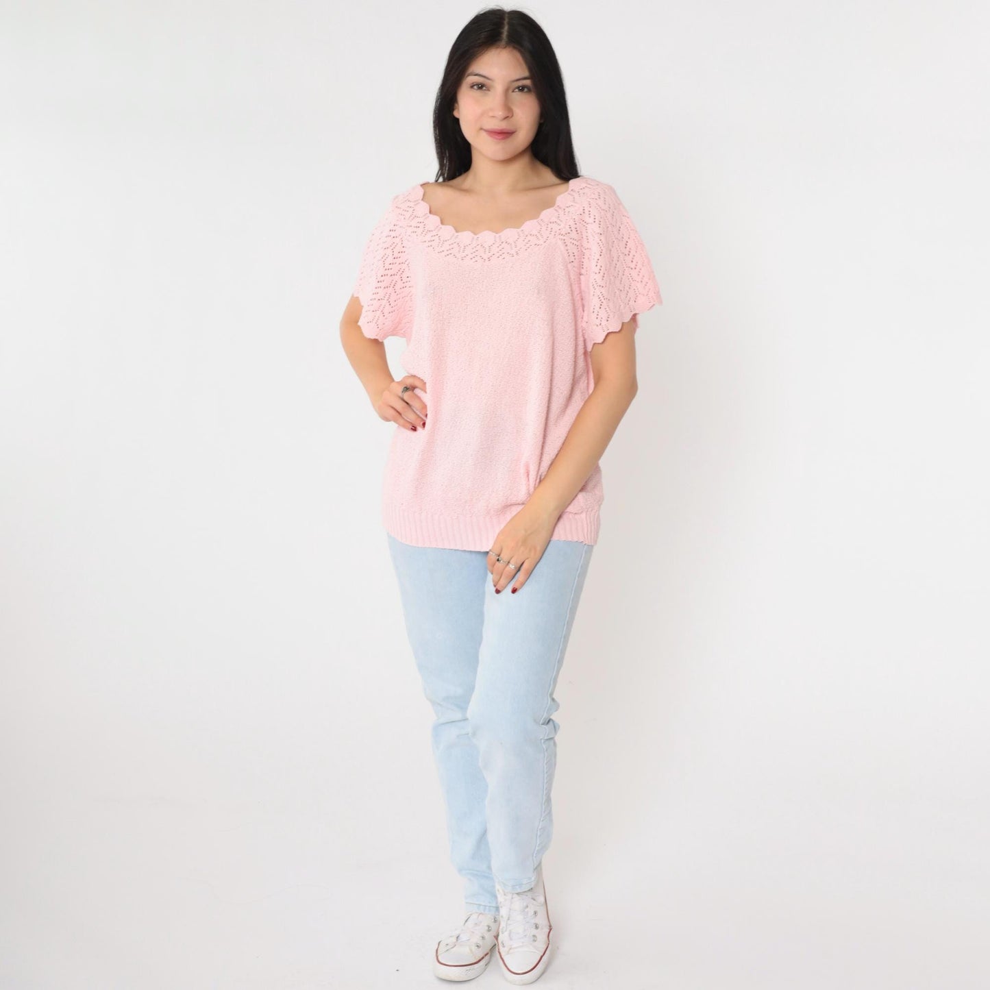 80s Adele Knitwear Baby Pink Pointelle Cutout Knit Top Medium Large