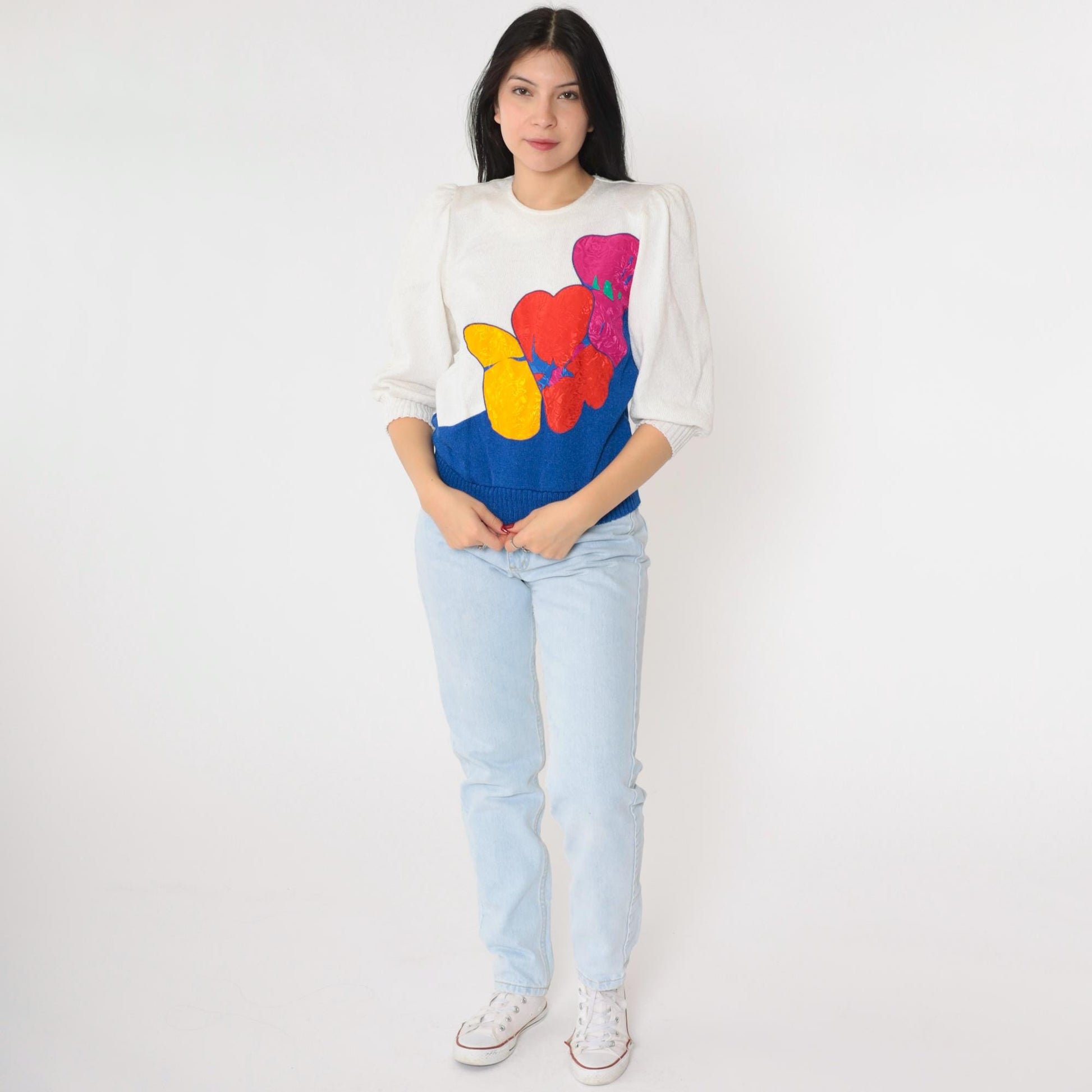 80s White Puff Sleeve Sweater Abstract Floral Embossed Knit Pullover Small