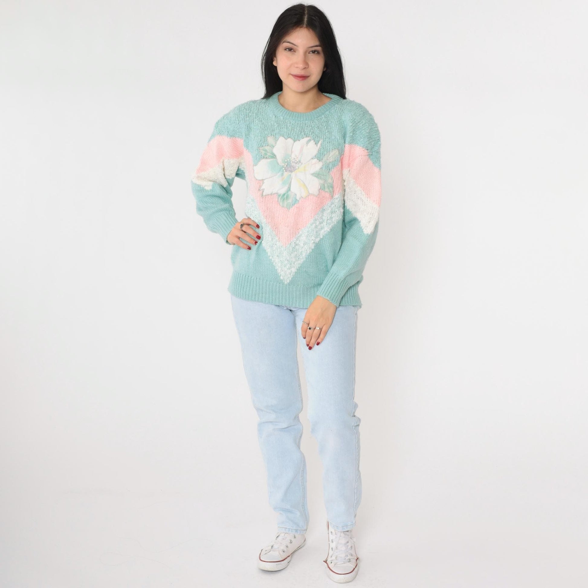 80s Jacelyn Smith Seafoam Knit Sweater Pearl Beaded Floral Chevron Medium