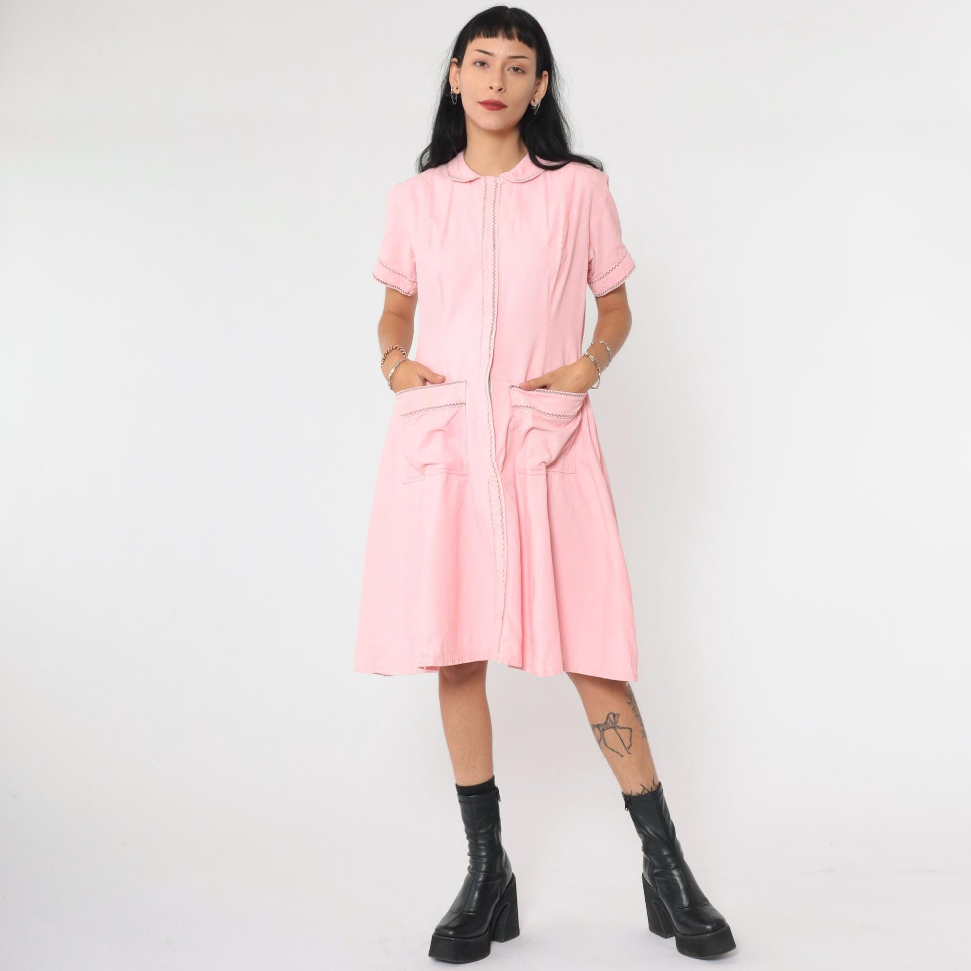 60s Pink Corduroy Mini Dress Peter Pan Collar A-Line Shift Pockets Medium