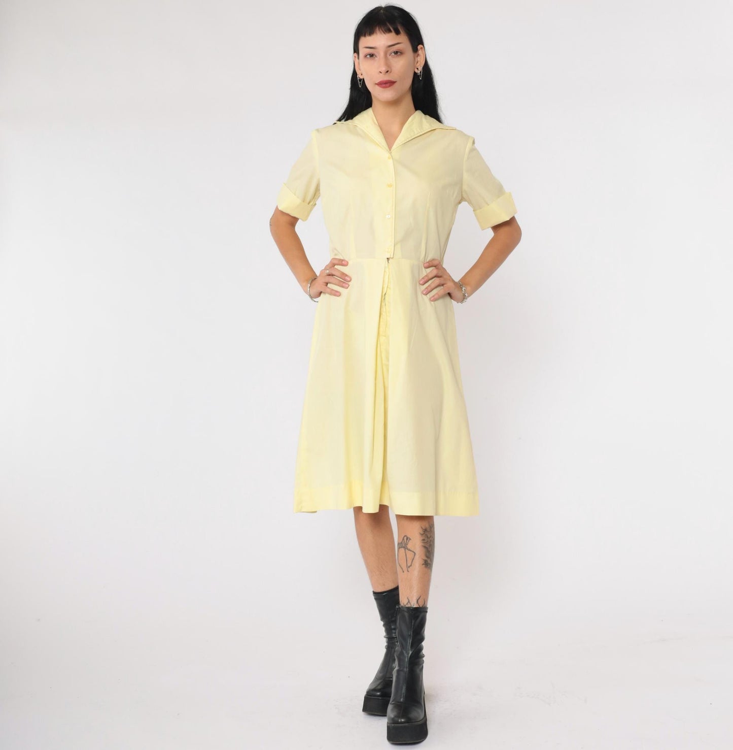 60s Light Yellow Button-Up Shirtdress Midi Collared High Waist Small