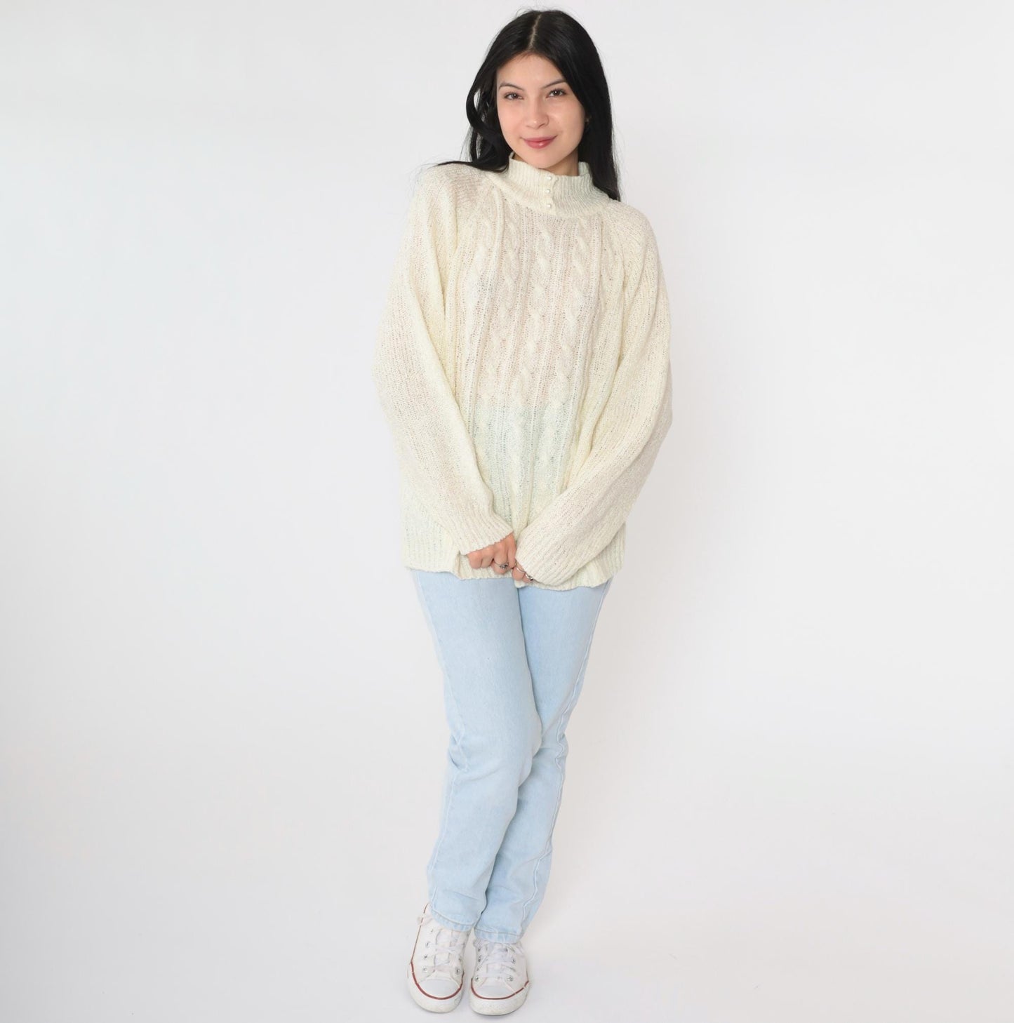 80s Miranda Cable Knit Sweater Cream Mock Neck Pearl Buttons Large L
