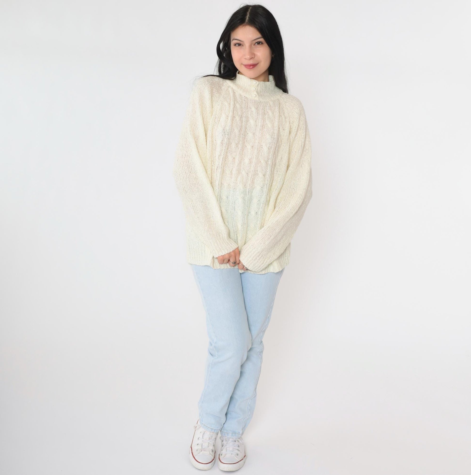 80s Miranda Cable Knit Sweater Cream Mock Neck Pearl Buttons Large L