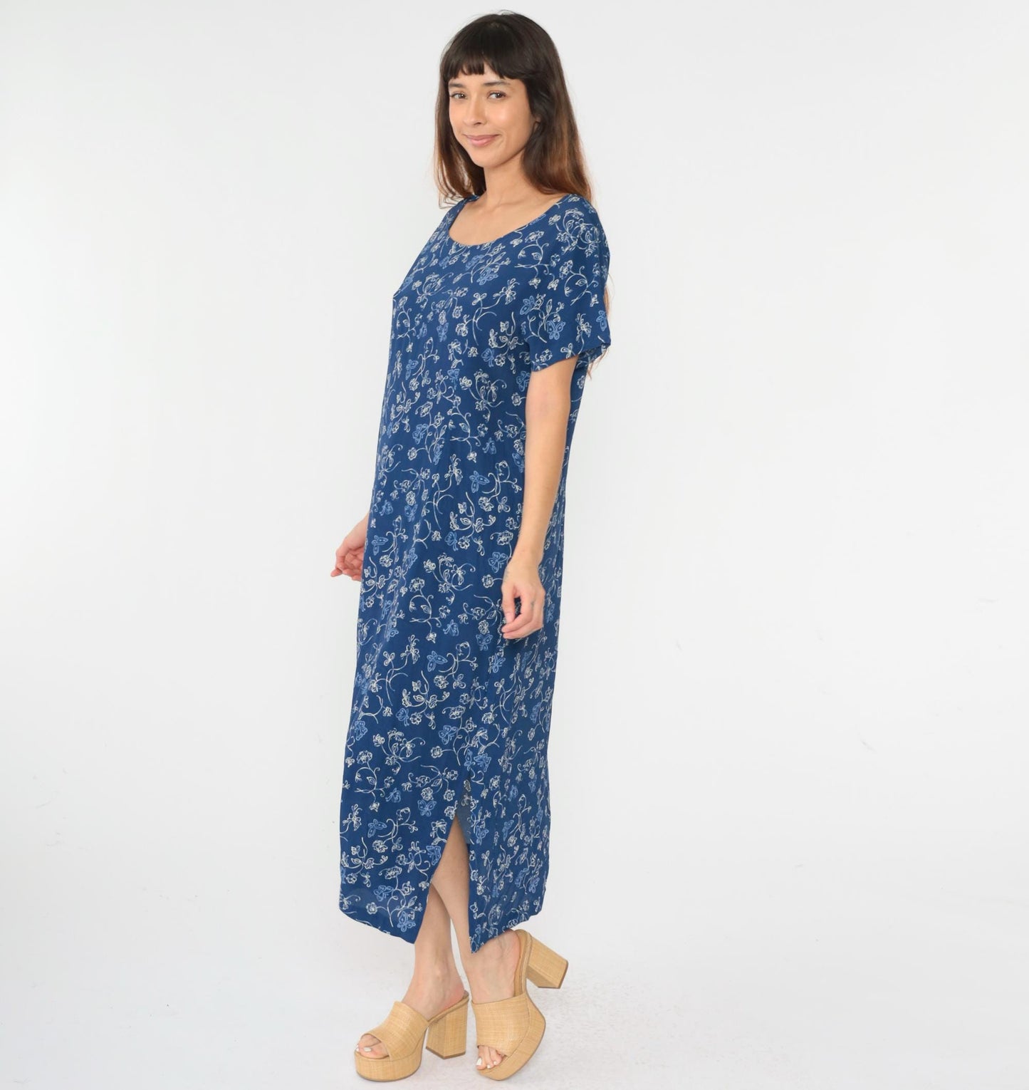 90s Erika Studio Floral Butterfly Maxi Dress Blue Ankle Length Medium