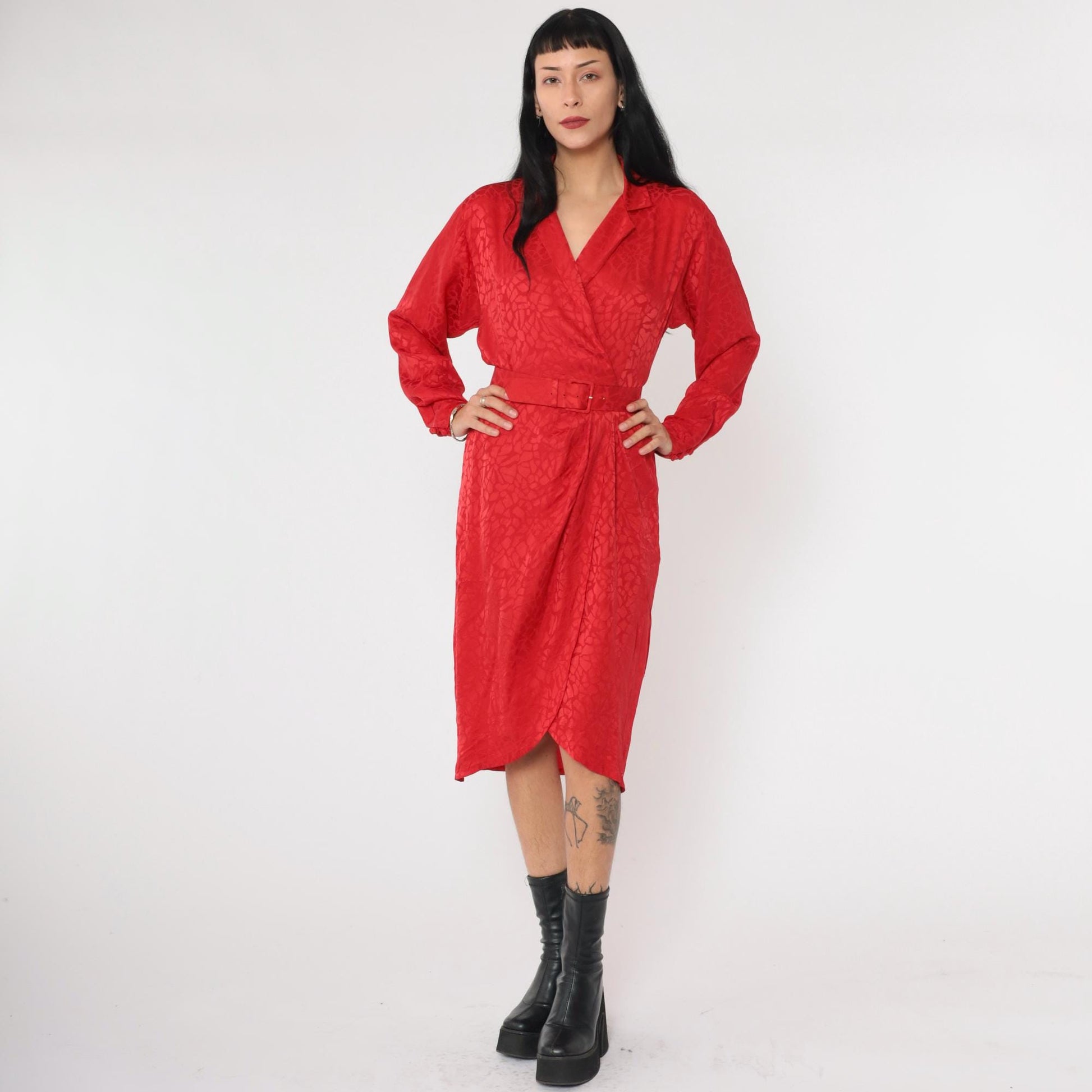 90s Liz Claiborne Red Silk Wrap Dress Embossed Mosaic V Neck Midi Extra Small XS