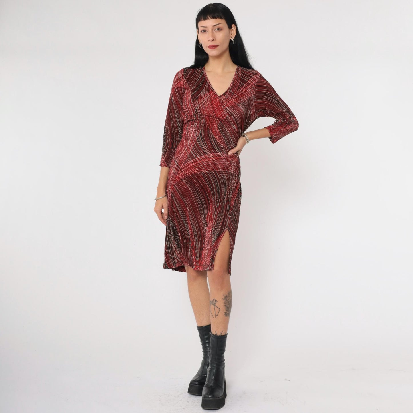 90s Teddi Dresses Striped Faux Wrap Minidress Red Black White V Neck Medium