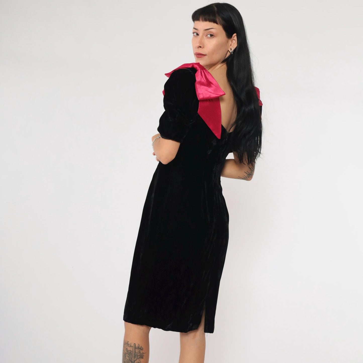 80s Black Velvet Mini Dress Puff Sleeve Fuchsia Bow Sheath Small 4