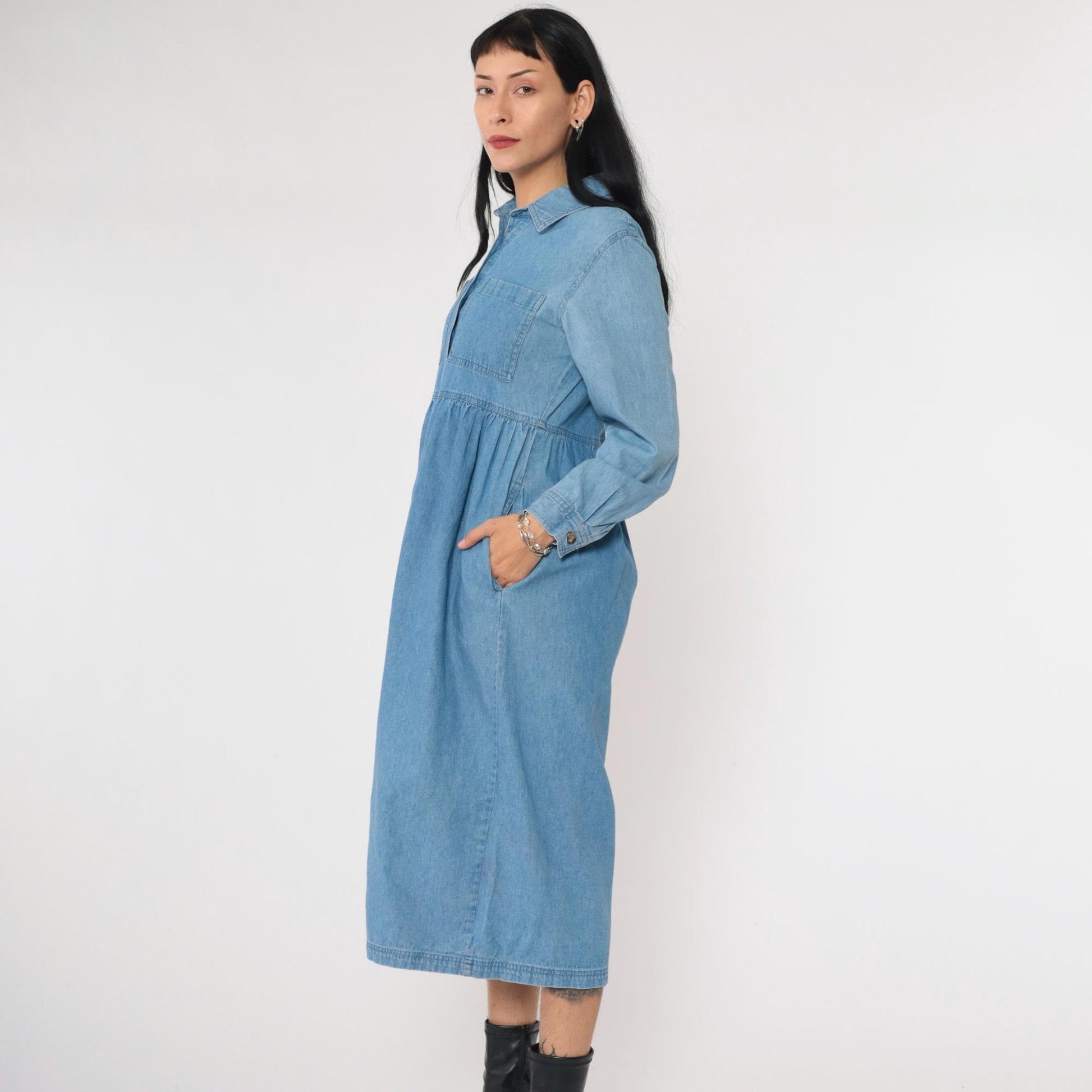 90s J.G. Hook Denim Midi Shirtdress Blue High-Waisted Button-Up Small Petite
