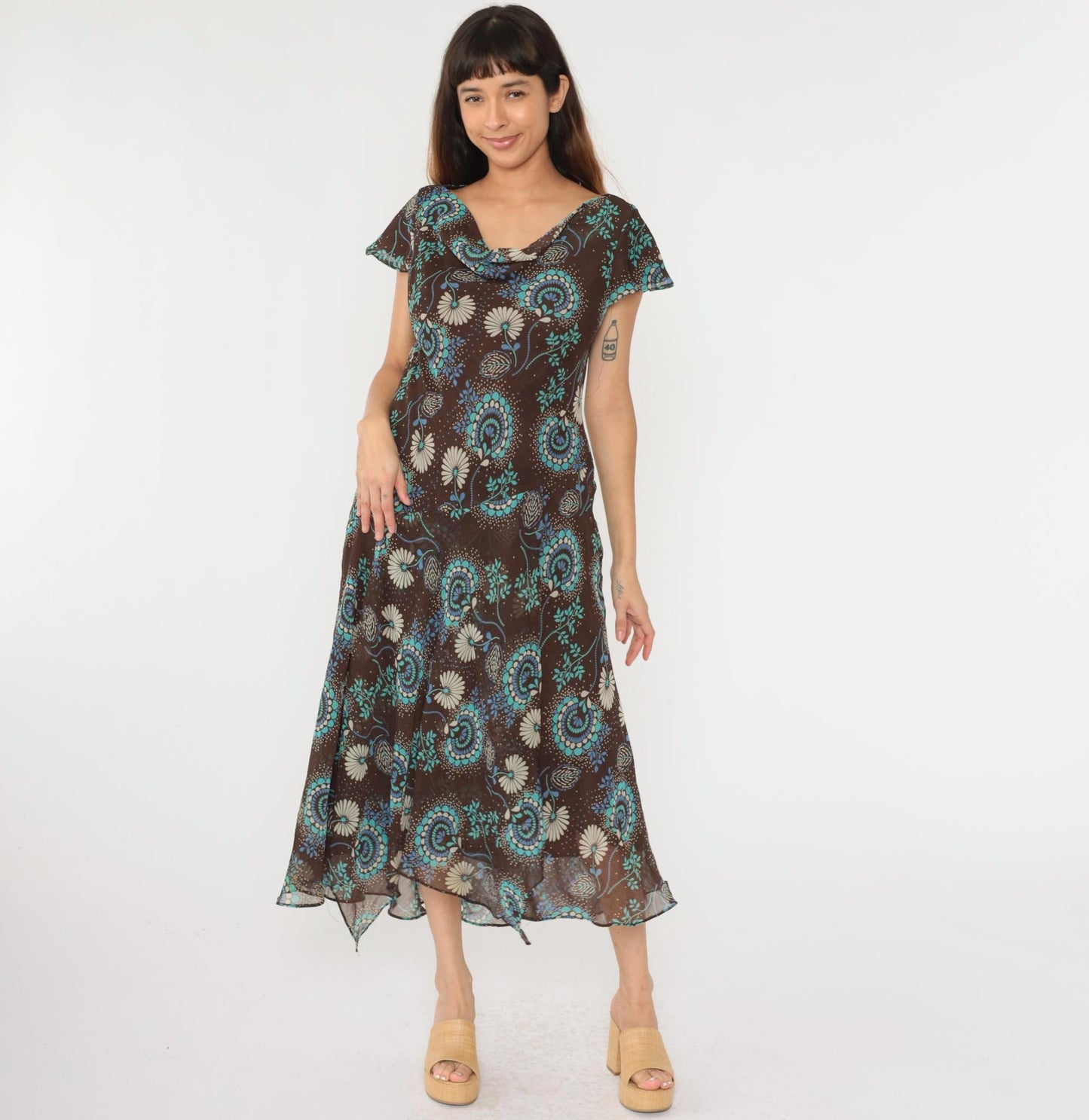 Y2K Brown Floral Midi Dress Asymmetrical Cowl Neck Flutter Sleeve Drop Waist Large 14