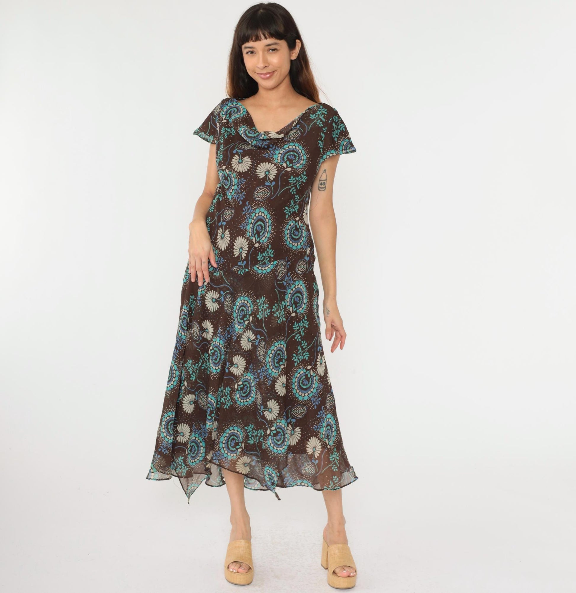 Y2K Brown Floral Midi Dress Asymmetrical Cowl Neck Flutter Sleeve Drop Waist Large 14