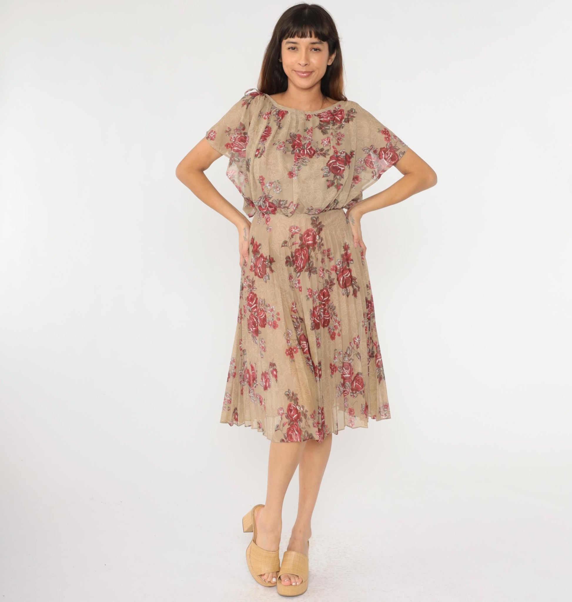 70s Floral Midi Dress Taupe Rose Print High Waist Blouson Flutter Sleeve Small