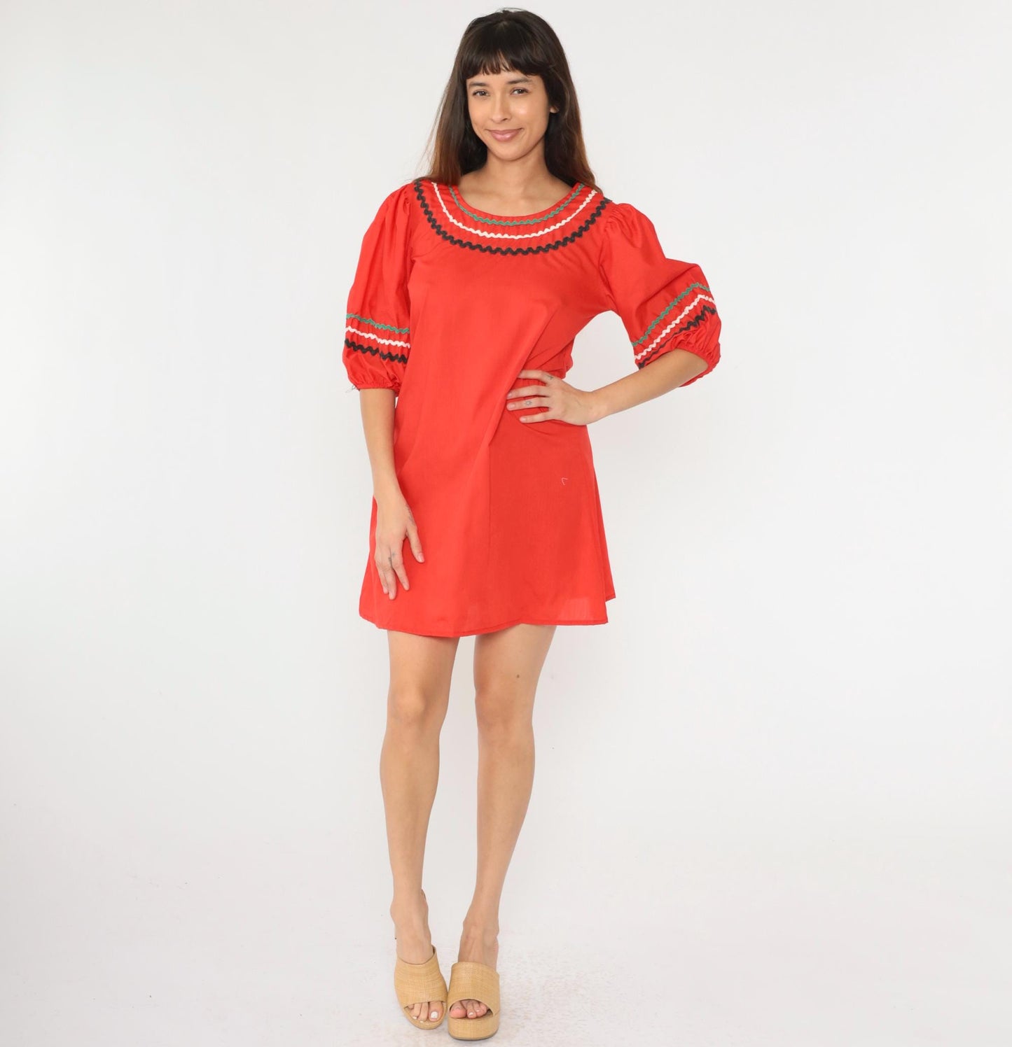 70s Red Mini Dress Puff Sleeve Ric Rac Trim Folk Country Shift Medium