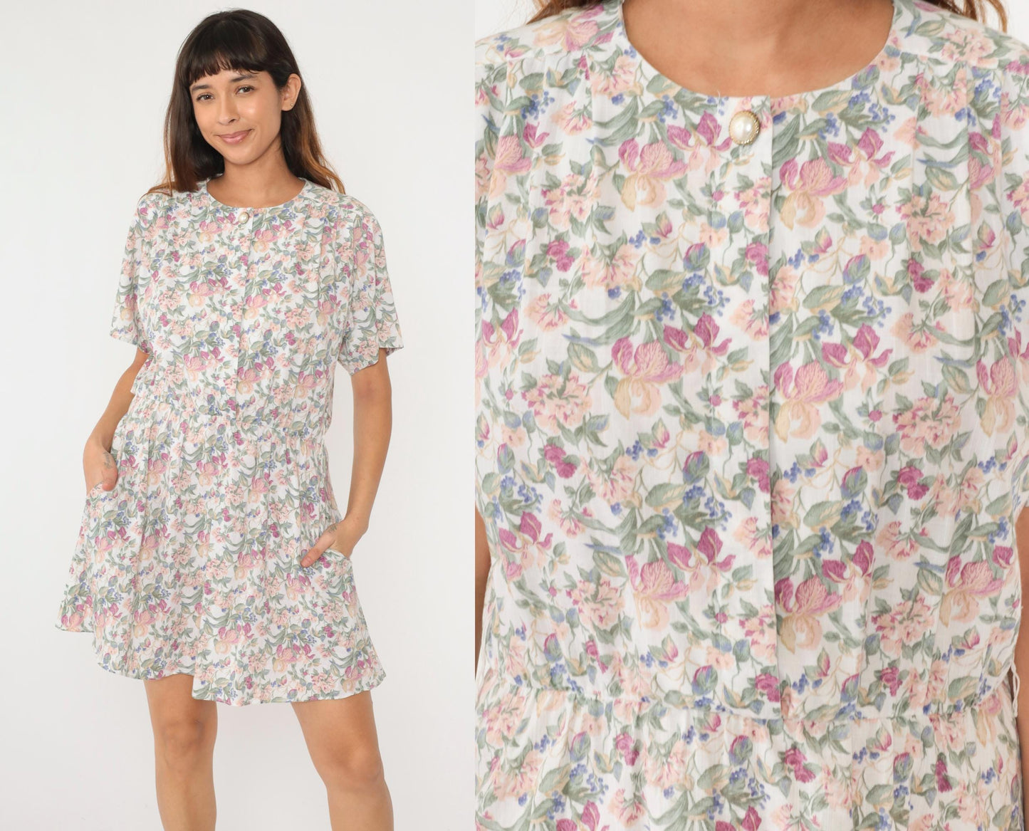 90s White Floral Print Button-Up Shirtdress Elastic Waist Mini Medium Large