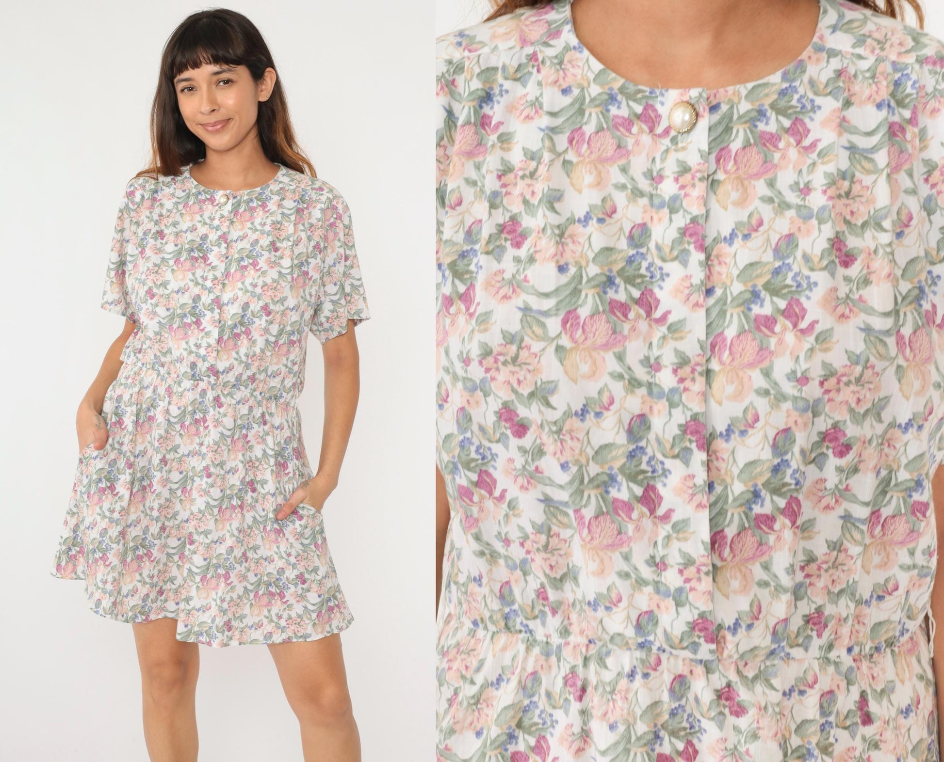 90s White Floral Print Button-Up Shirtdress Elastic Waist Mini Medium Large
