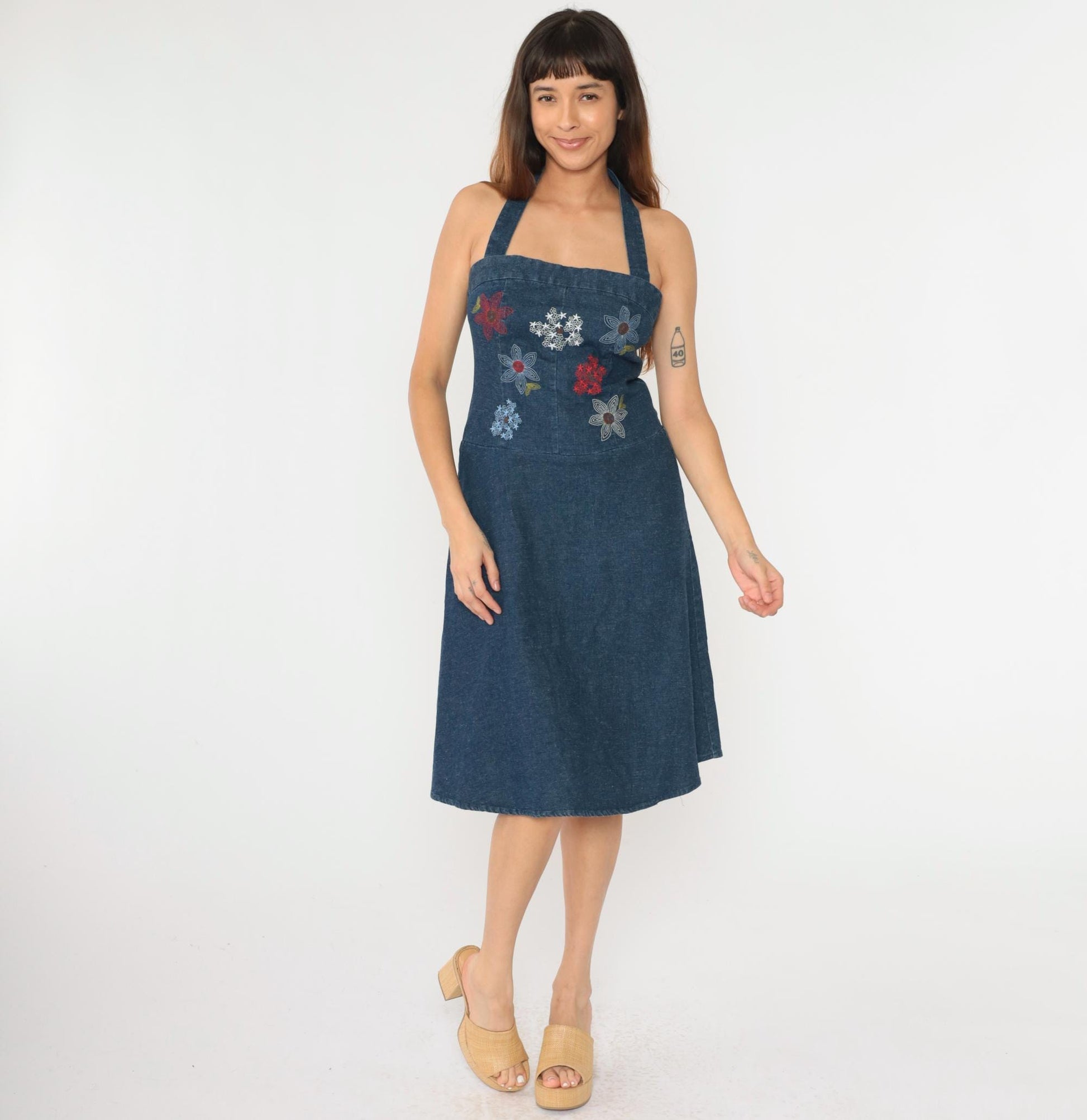 Y2K Denim Midi Dress Floral Embroidered Halter Neck Backless Small