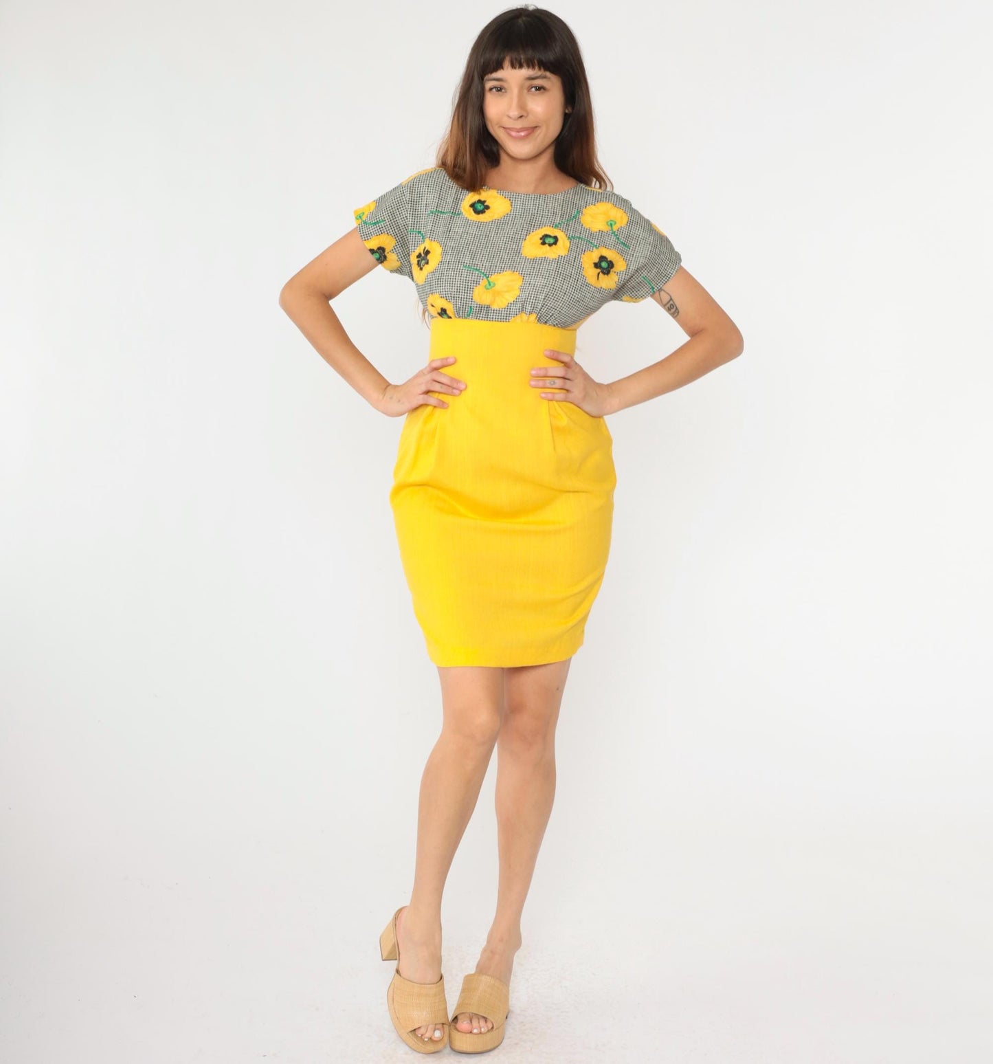 80s Yellow Floral Black Gingham Empire Waist Mini Dress Pleated Small