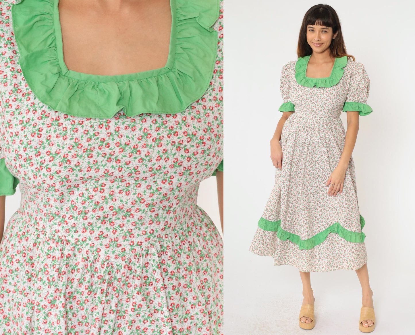 70s White Calico Floral Midi Dress Puff Sleeve High Waist Ruffled Medium Large
