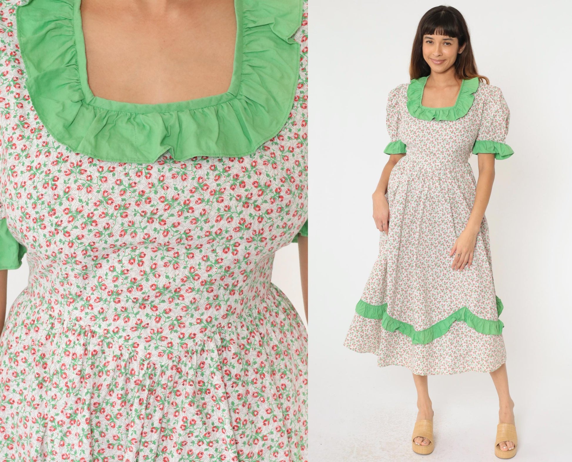 70s White Calico Floral Midi Dress Puff Sleeve High Waist Ruffled Medium Large
