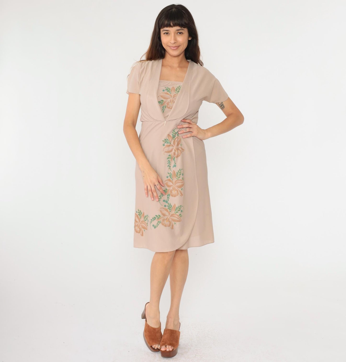 70s Floral Midi Dress Taupe Orchid High Waist Attached Jacket Small