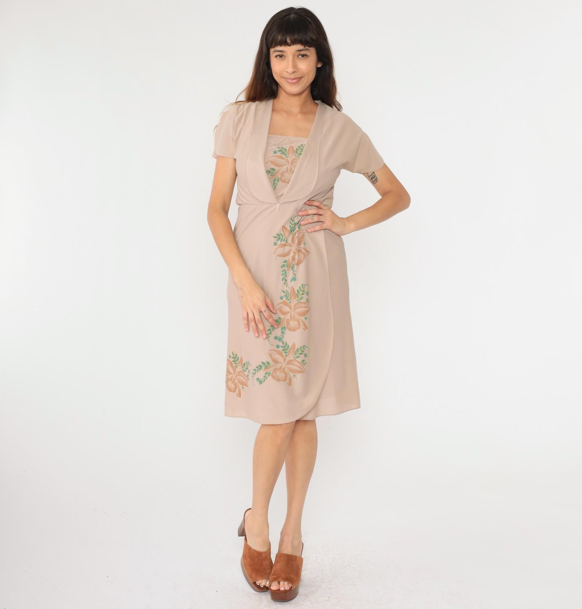 70s Floral Midi Dress Taupe Orchid High Waist Attached Jacket Small