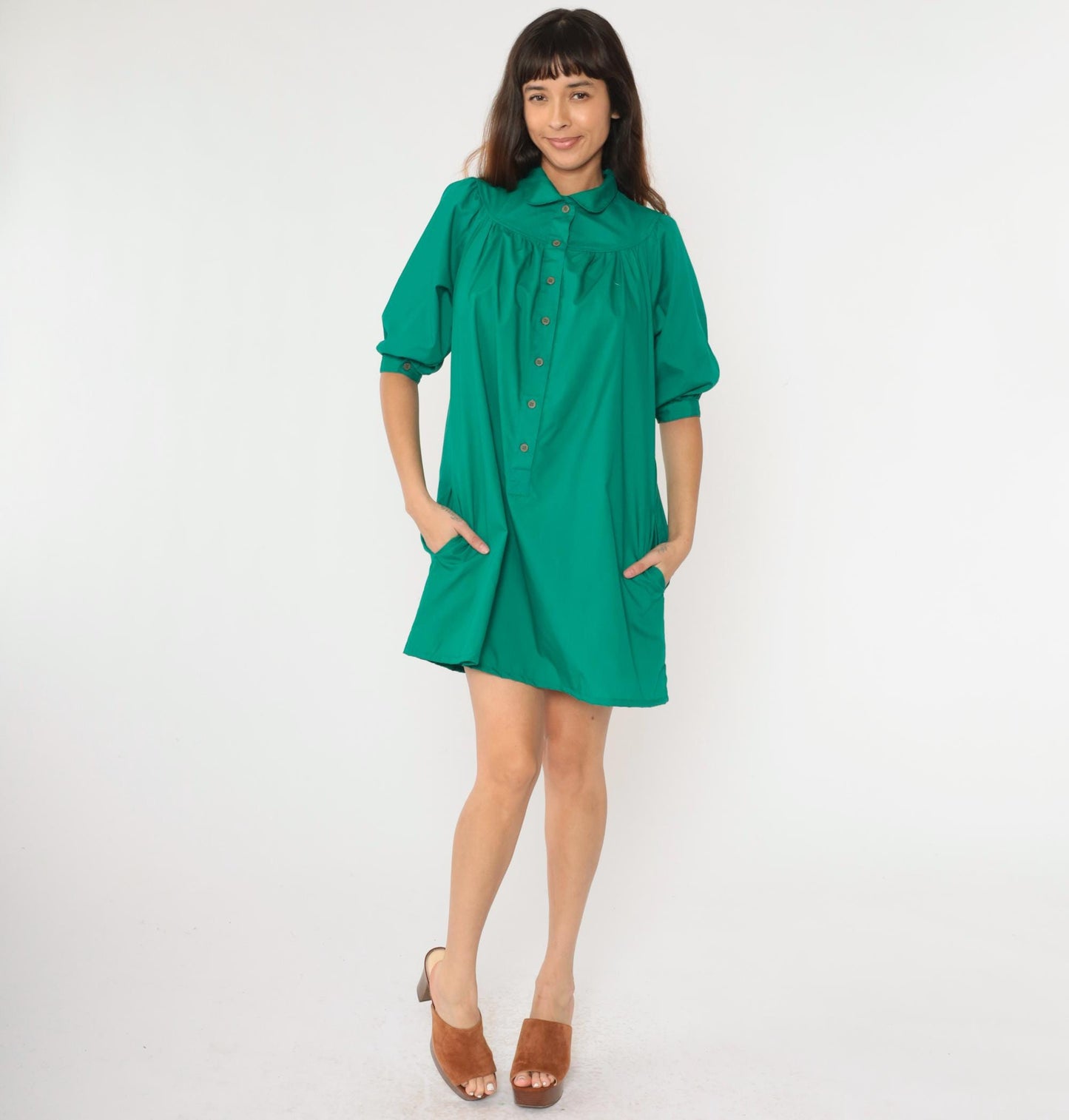 70s Green Yoke Shirtdress Peter Pan Collar Puff Sleeve A-Line Medium