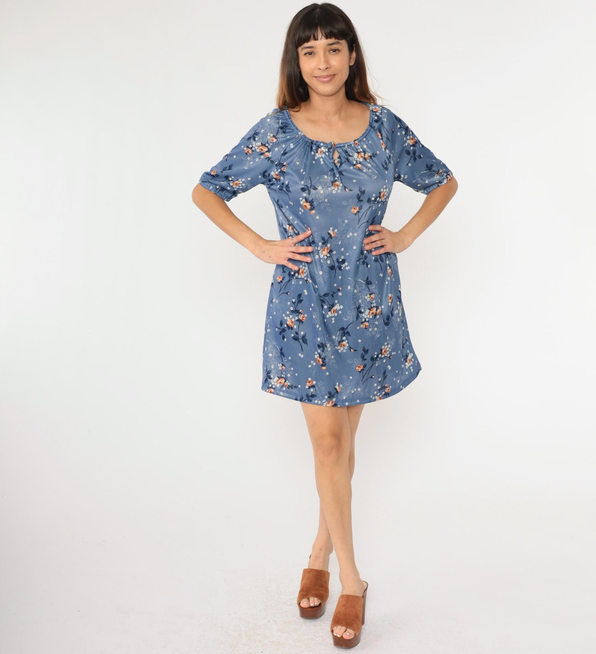 70s Blue Floral Mini Dress Keyhole Neck Shift Short Sleeve Medium Large