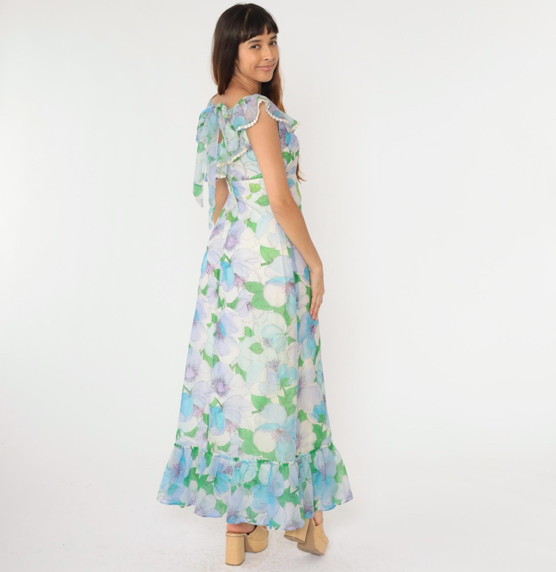70s Floral Chiffon Maxi Dress Blue Green Ruffle Hem Open Back Small