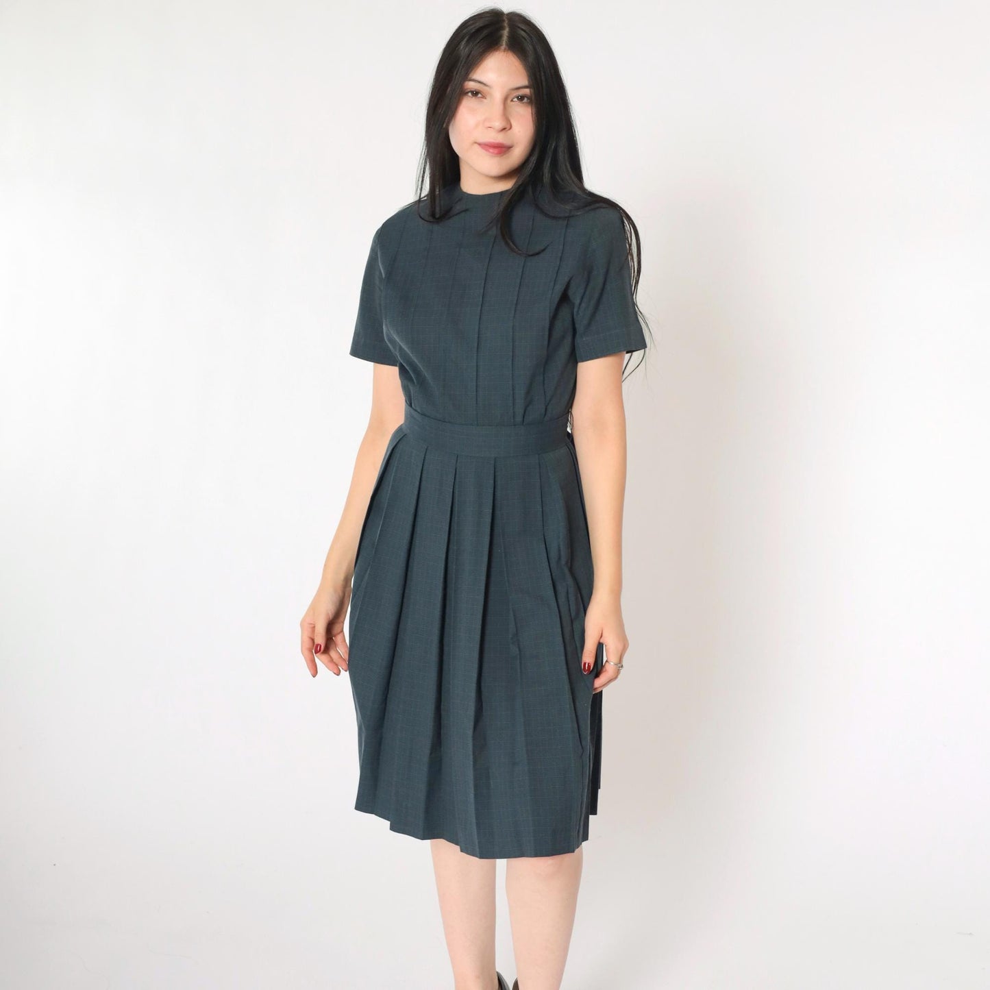 1960s Grey Checkered Pleated Day Dress High Waist Button Back Small