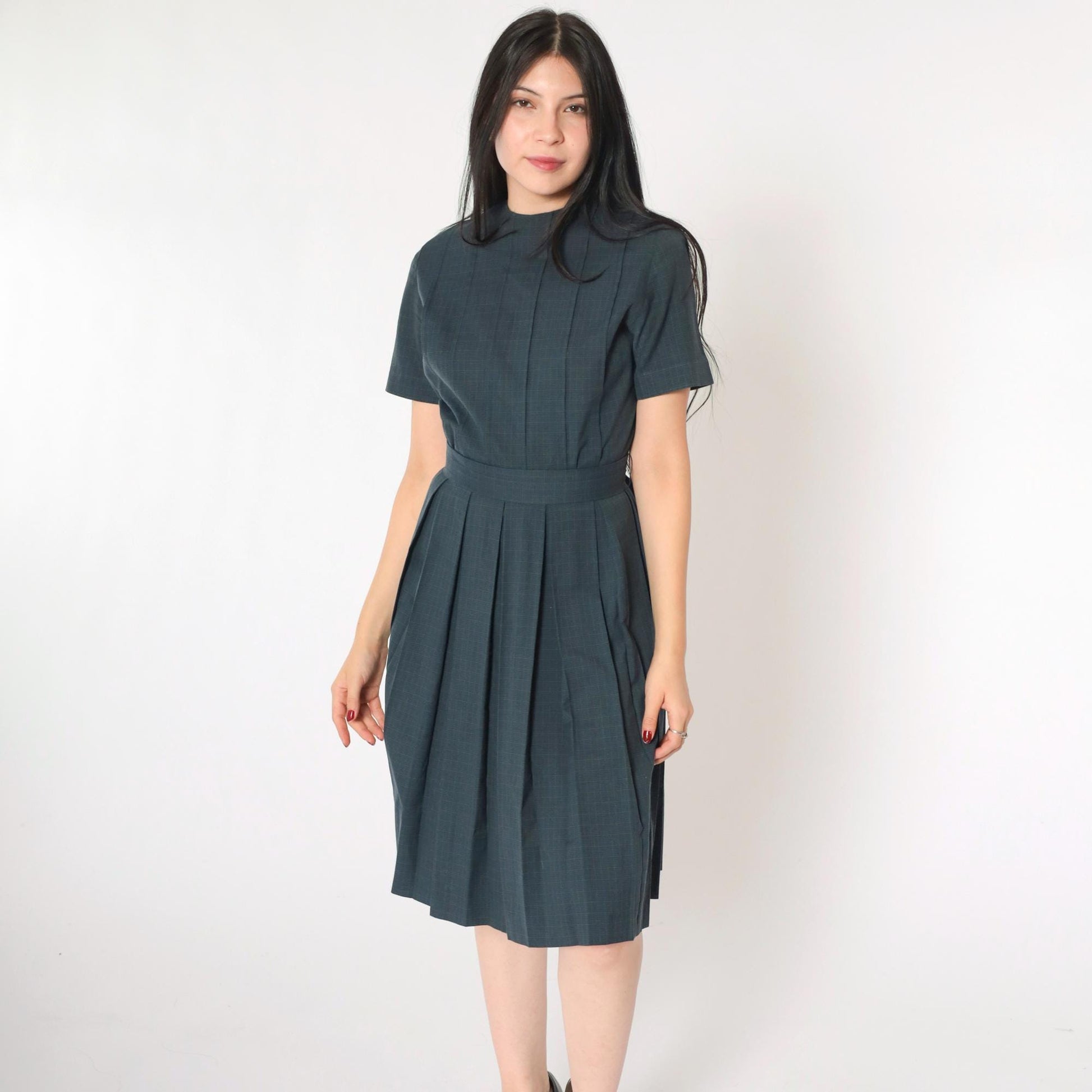 1960s Grey Checkered Pleated Day Dress High Waist Button Back Small