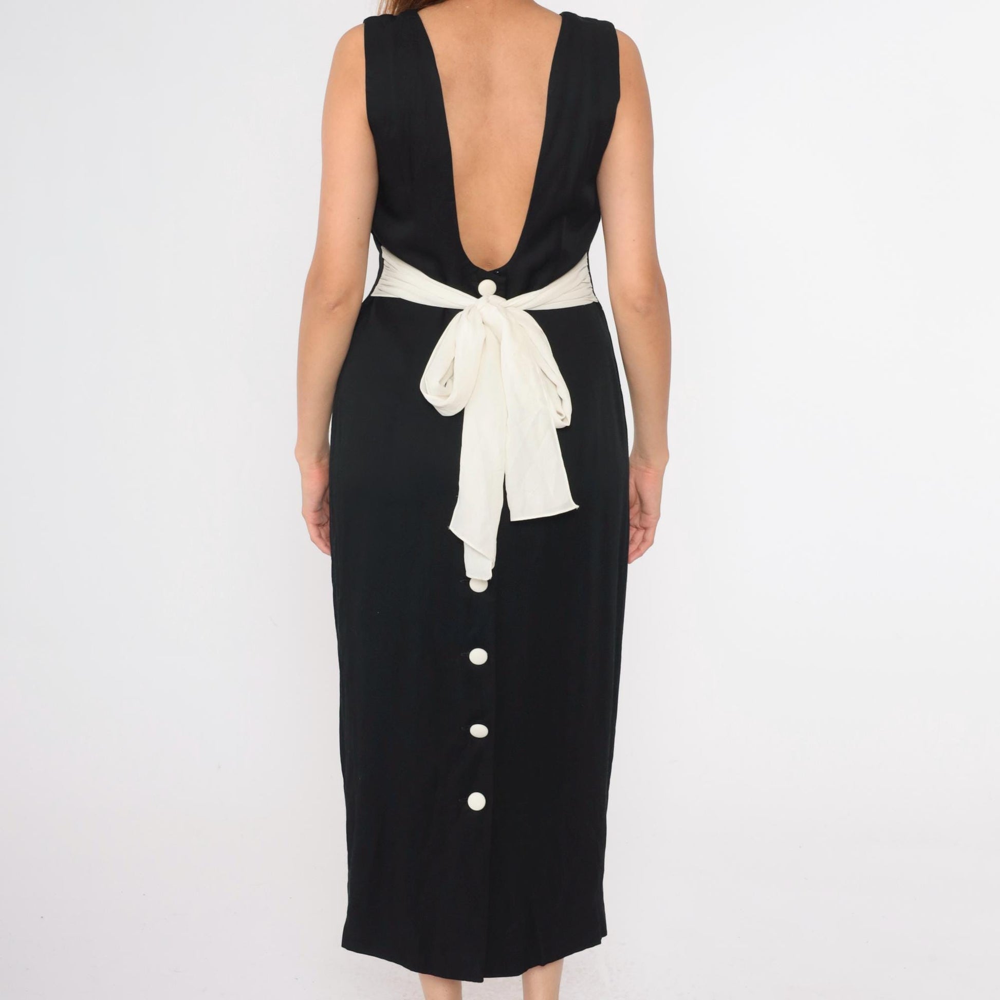 90s Black Sheath Dress White Bow Back Sleeveless Scoop Neck Maxi Medium