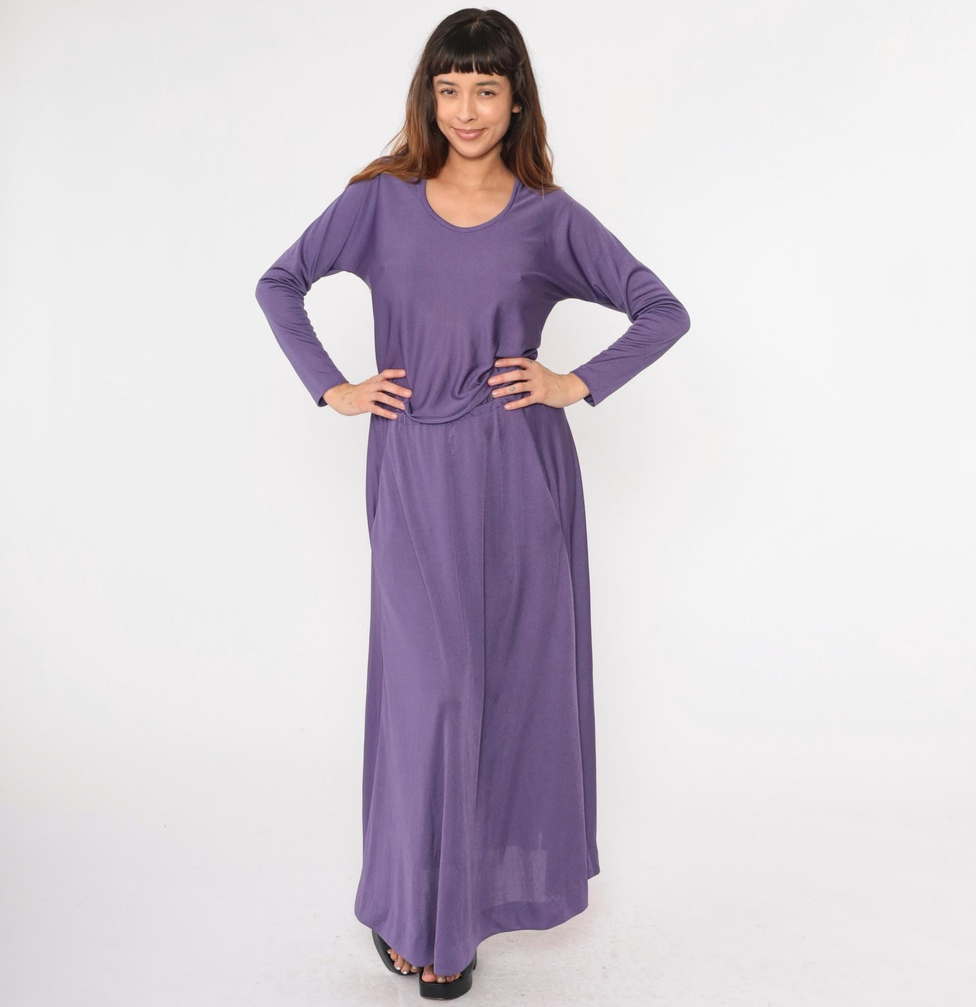 1970s Purple Maxi Dress Blouson High Waist Scoop Neck Long Sleeve Medium