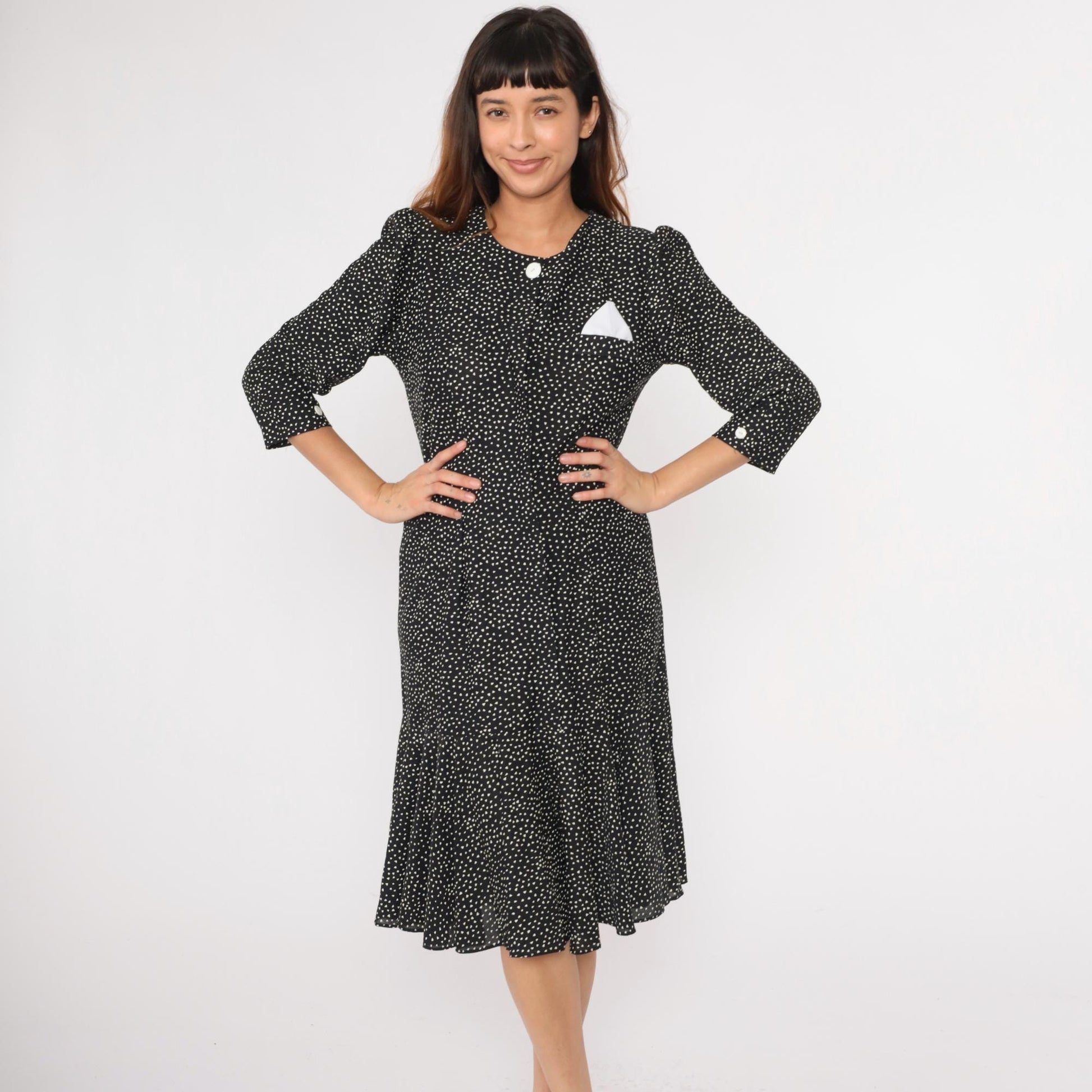 80s Black White Polka Dot Midi Dress Puff Sleeve Shift Ruffle Hem Medium