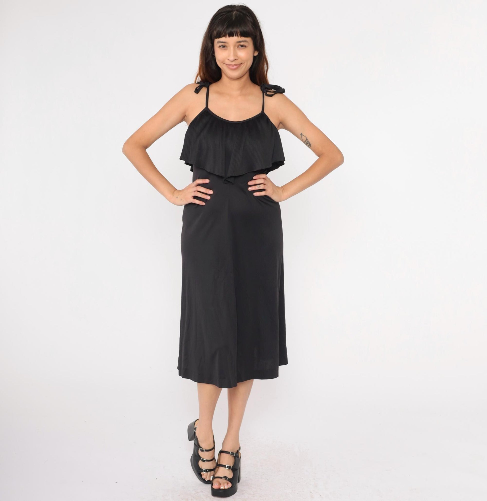 70s Black Midi Dress Ruffled Neckline Spaghetti Strap Disco Small