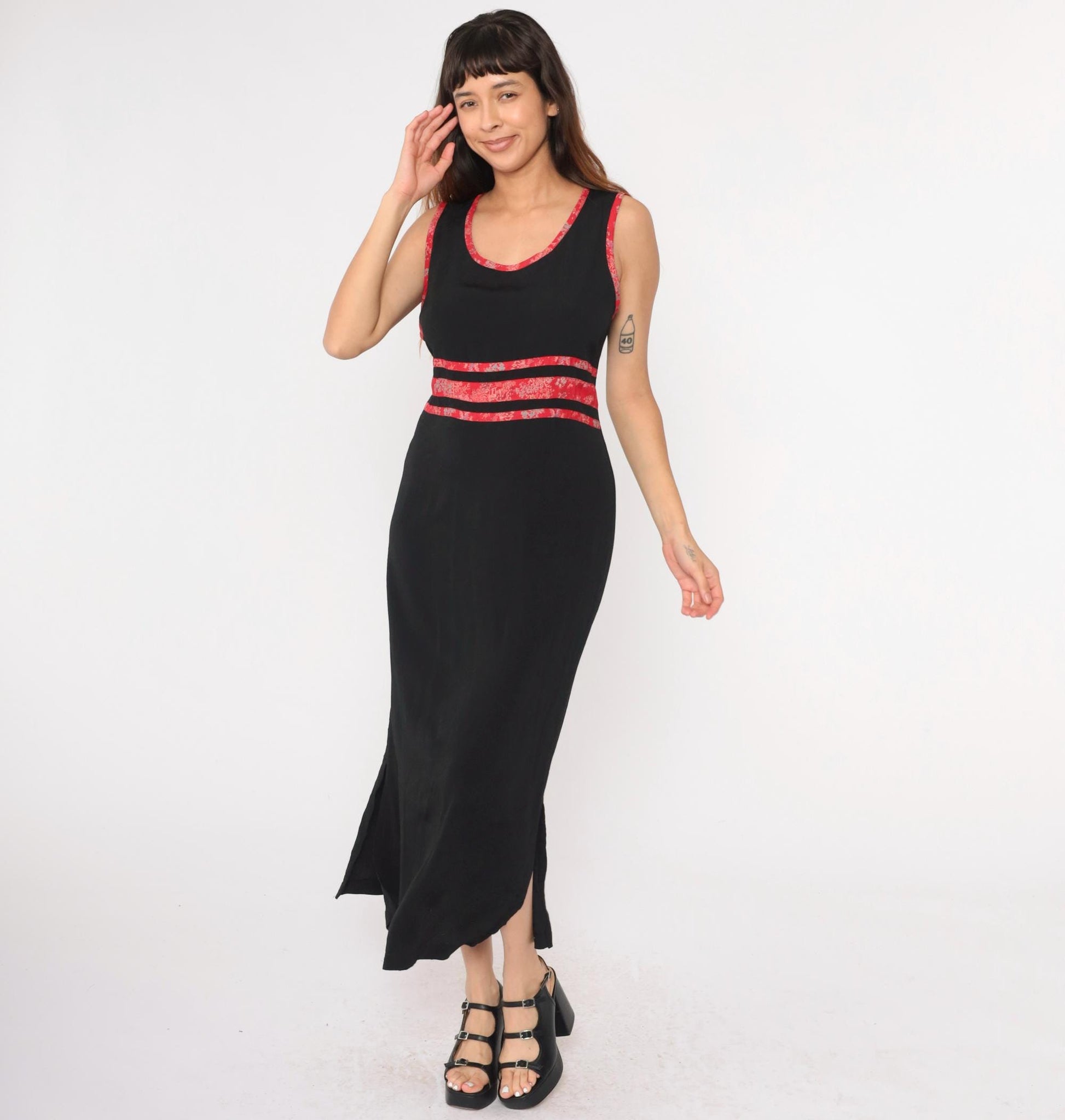 90s Black Maxi Dress Asian Jacquard Trim Sleeveless High Waist Medium