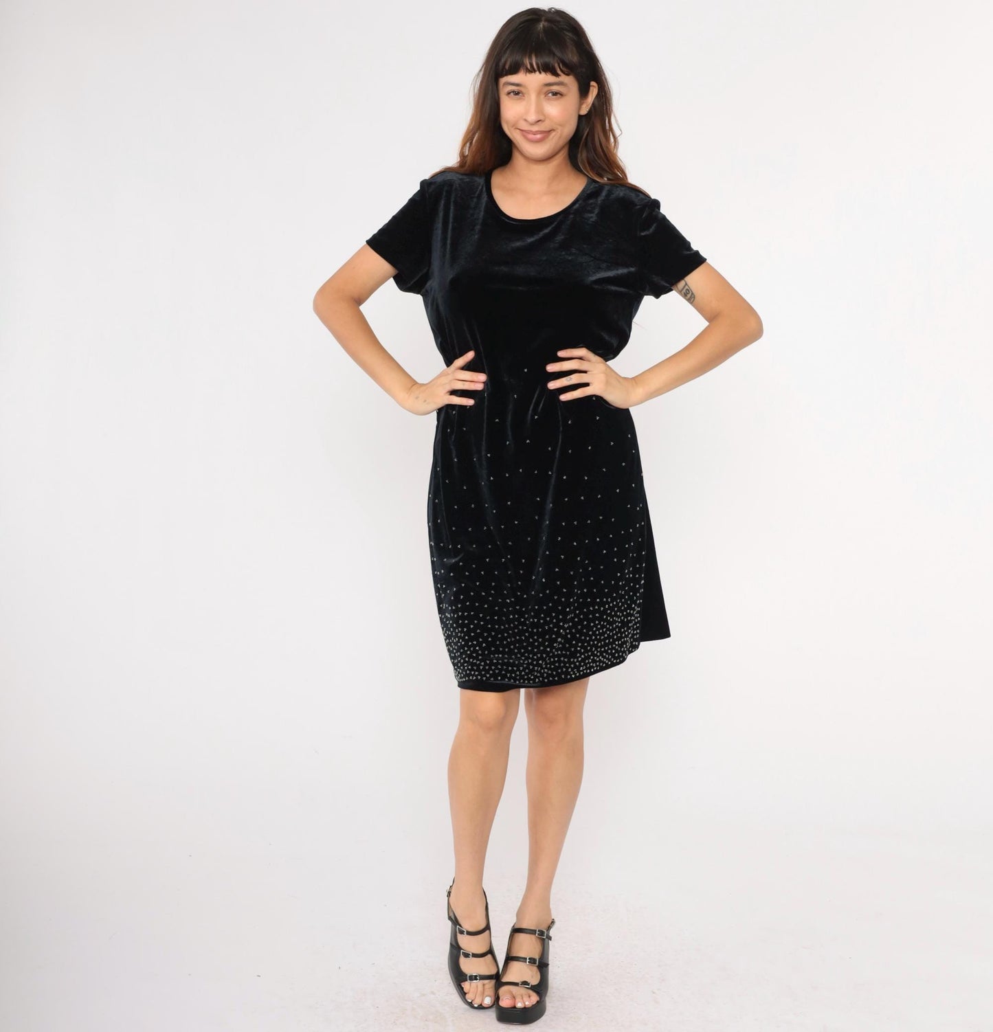 90s Black Velvet Beaded Mini Dress Short Sleeve Shift Large L