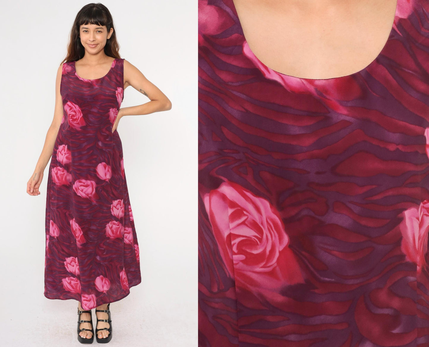 90s Floral Maxi Dress Pink Purple Rose Print Sleeveless Scoop Neck Medium Large