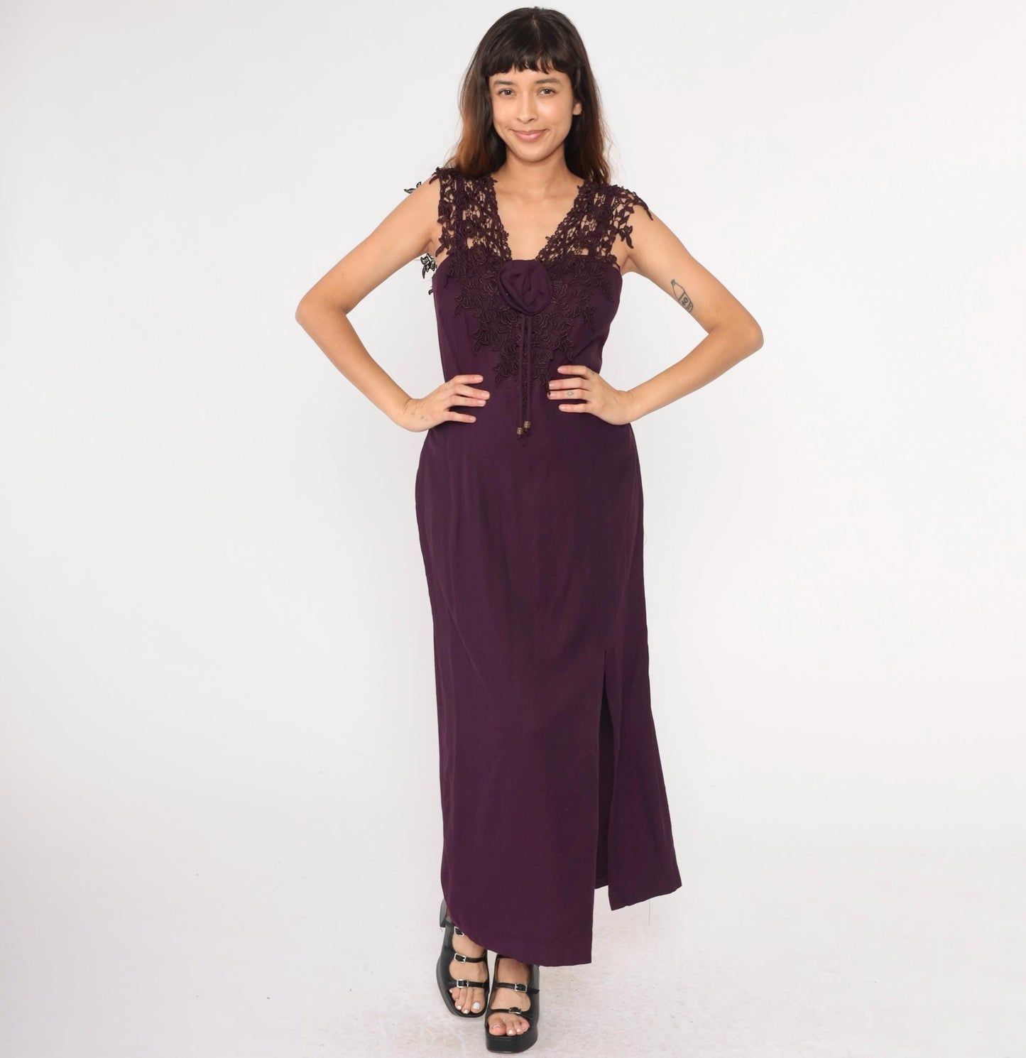 90s Purple Maxi Dress Lace Trim Rosette Sweetheart Spaghetti Strap Slit Medium